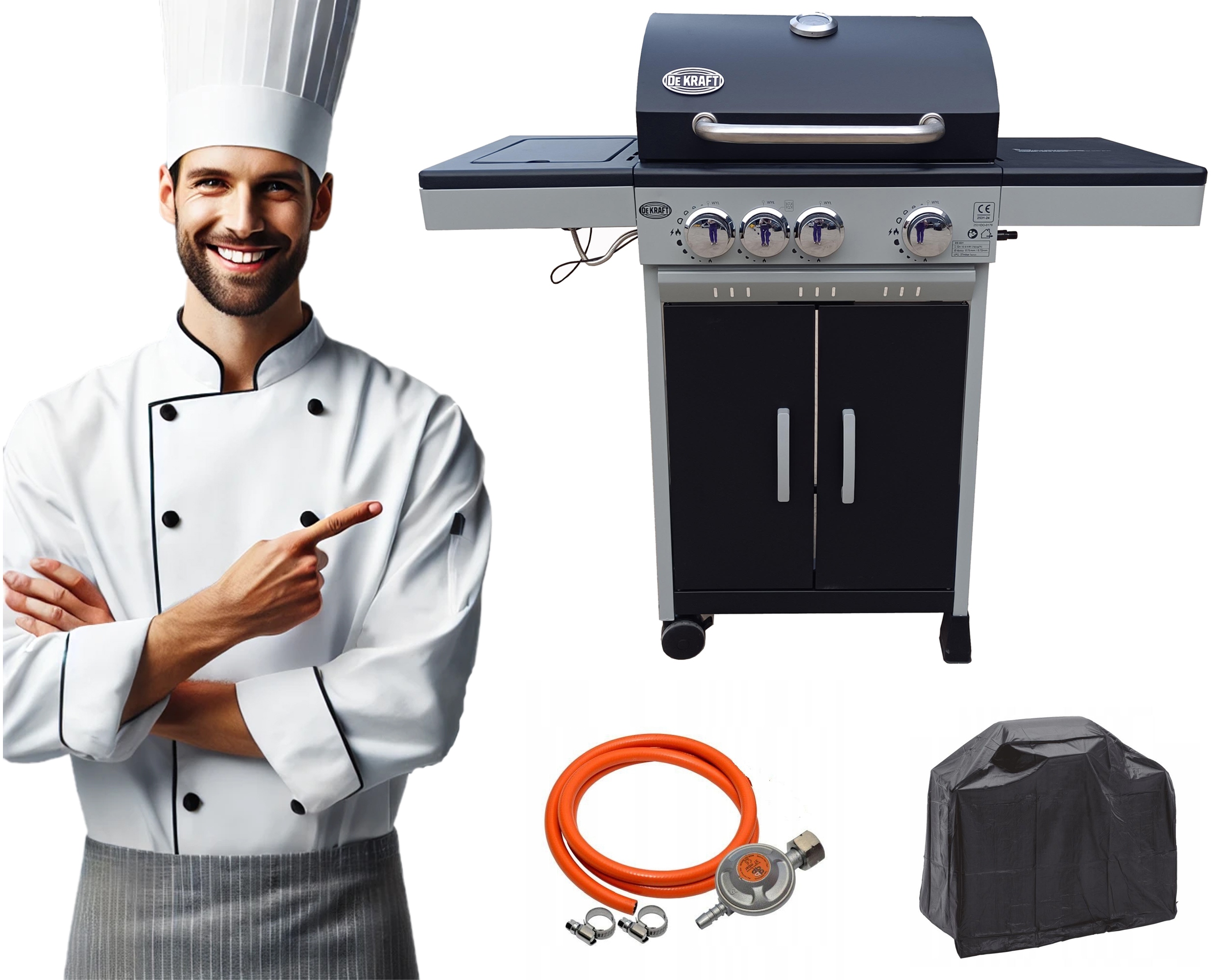 GRILL GAZOWY DEKRAFT 3+1 PALNIKI RUSZT ŻELIWNY + POKROWIEC REDUKTOR