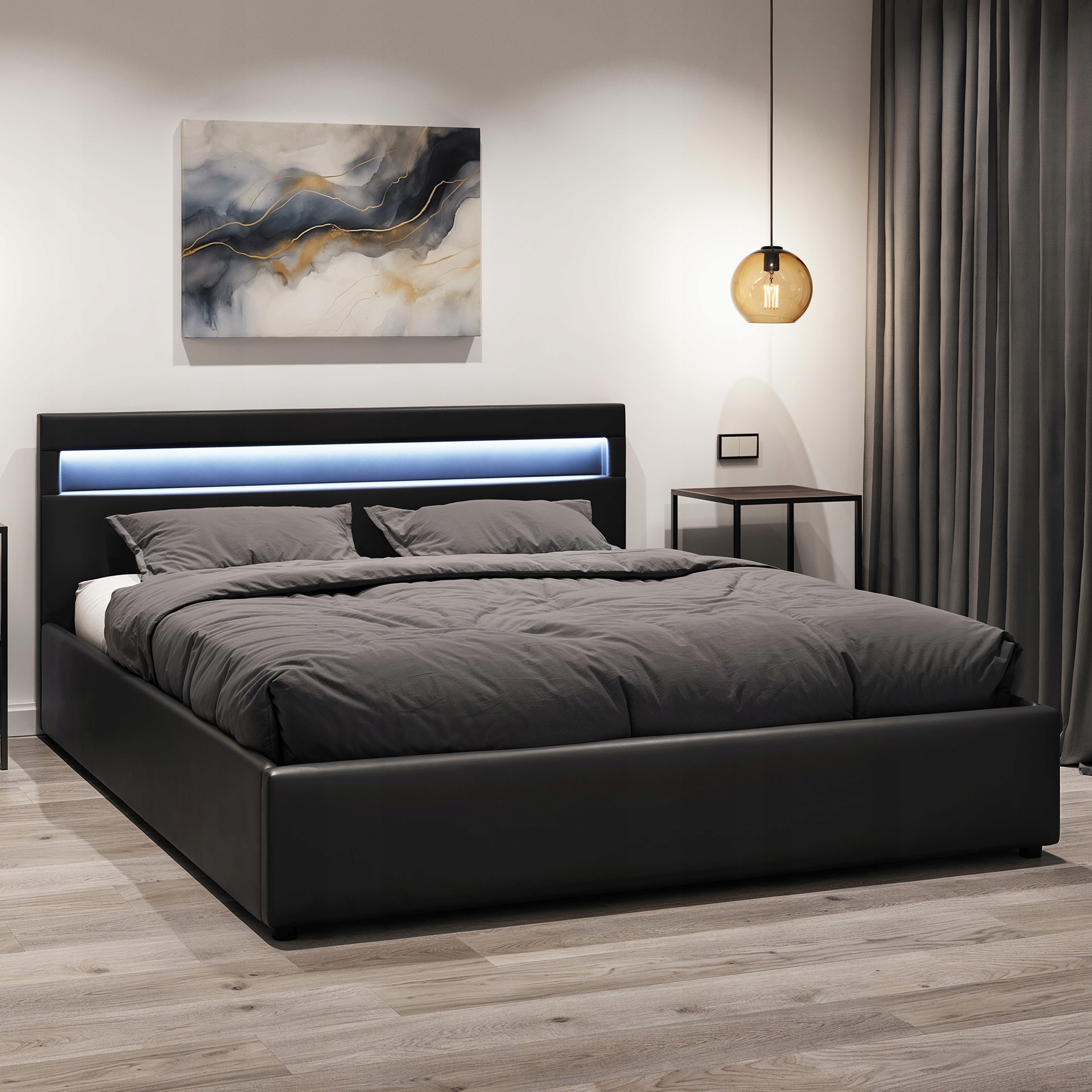 Łóżko 140x200 tapicerowane z pojemnikiem + materac, czarne, LED, od ręki