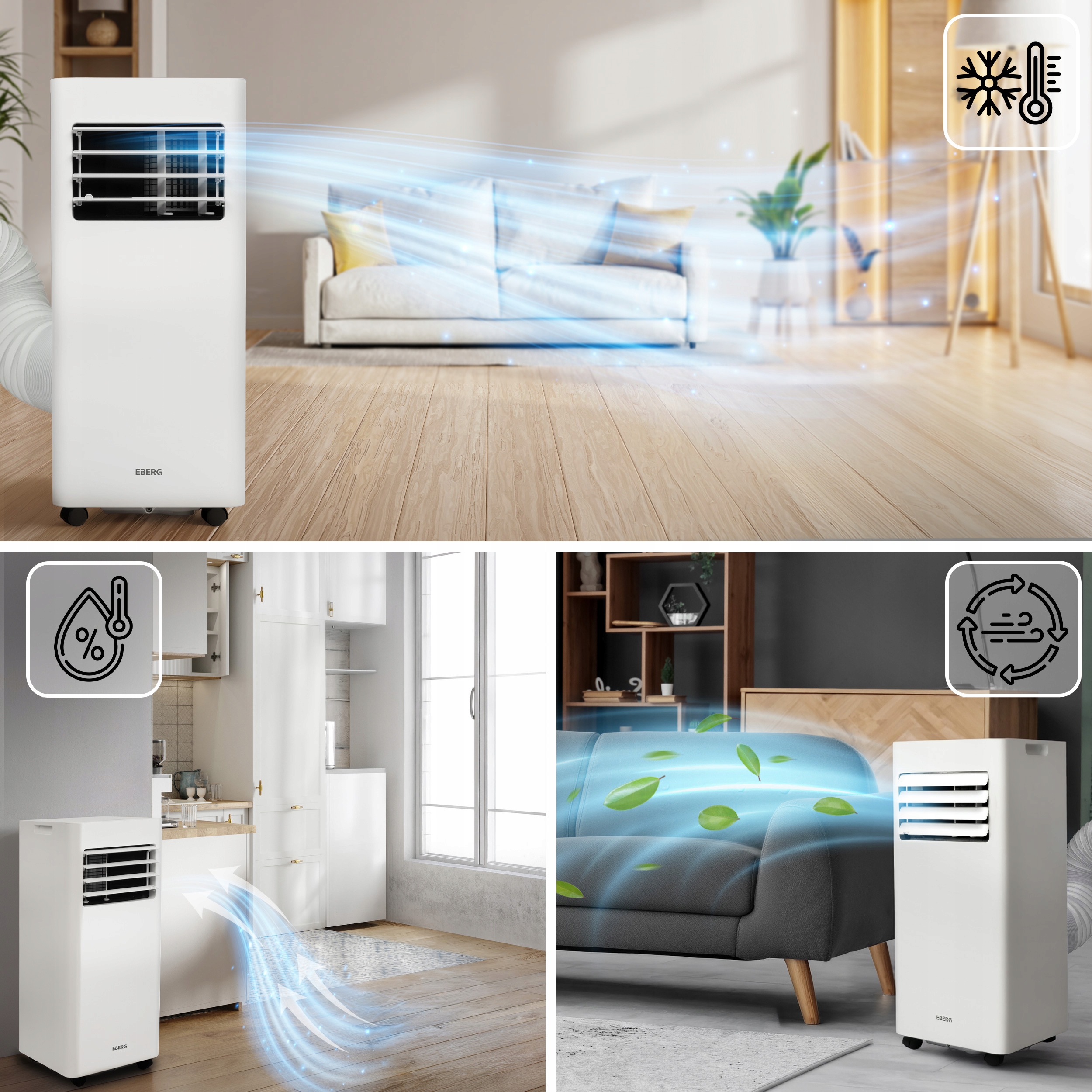Klimatyzator przenośny EBERG SKY 2,6kW cichy WiFi osuszacz 24l + ClimaLock Zakres klas efektywności energetycznej A - G