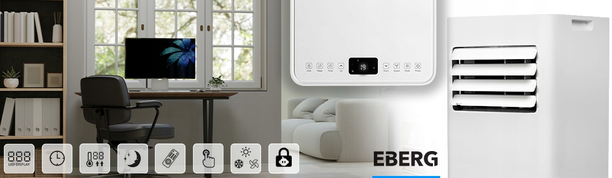 Klimatyzator przenośny EBERG SKY 2,6kW cichy WiFi osuszacz 24l + ClimaLock Informacje dodatkowe sterowanie przez Wi-Fi wbudowany wyświetlacz temperatury