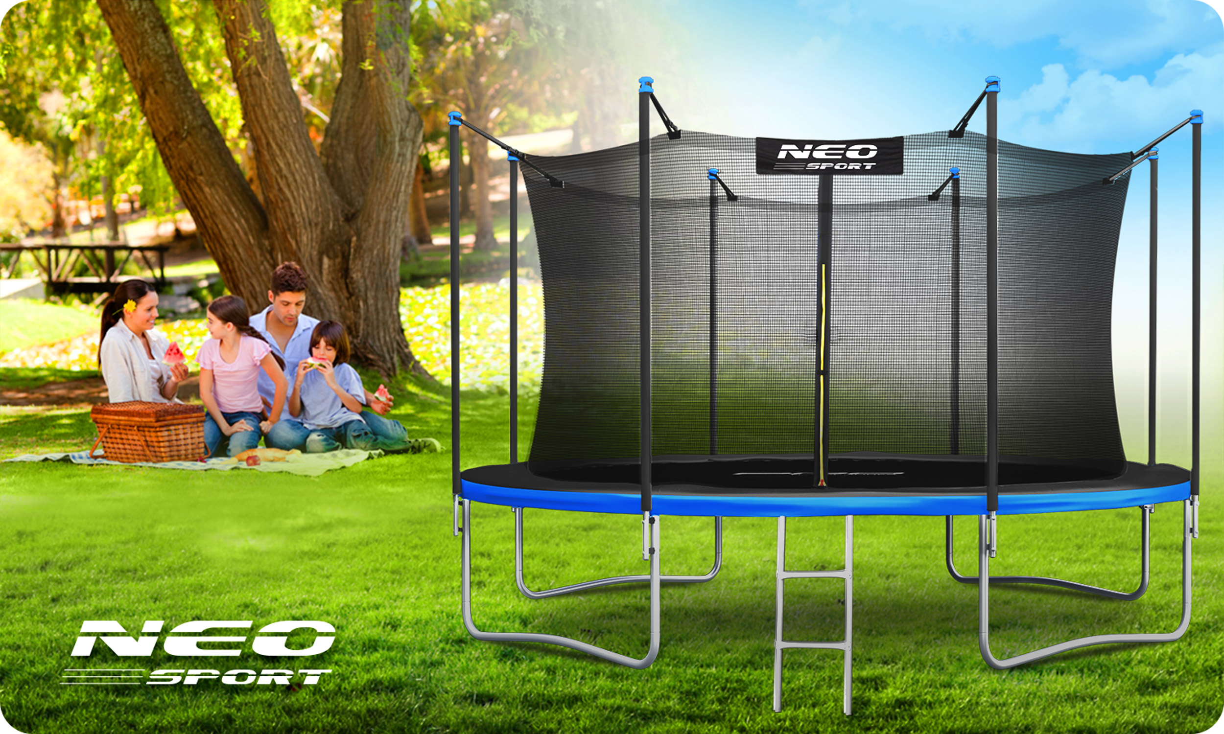 Trampolina ogrodowa dla dzieci 374cm 12ft + DRABINKA SIATKA WEWNĘTRZNA Wysokość siatki 180 cm