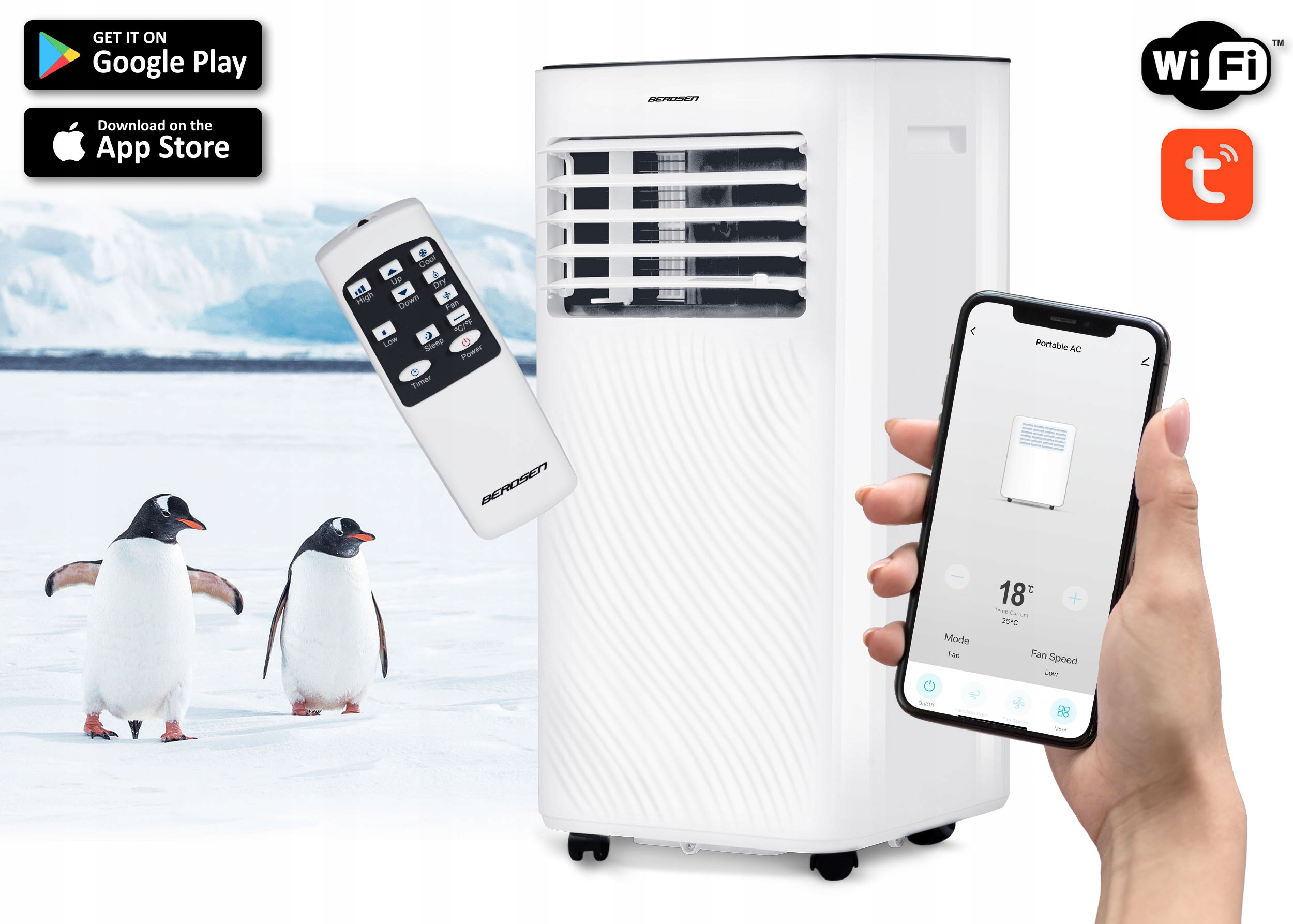 KLIMATYZATOR PRZENOŚNY 2,6kW 30m2 OSUSZACZ 24l/24h WiFi BERDSEN 9000 BTU Moc chłodzenia 2600 W