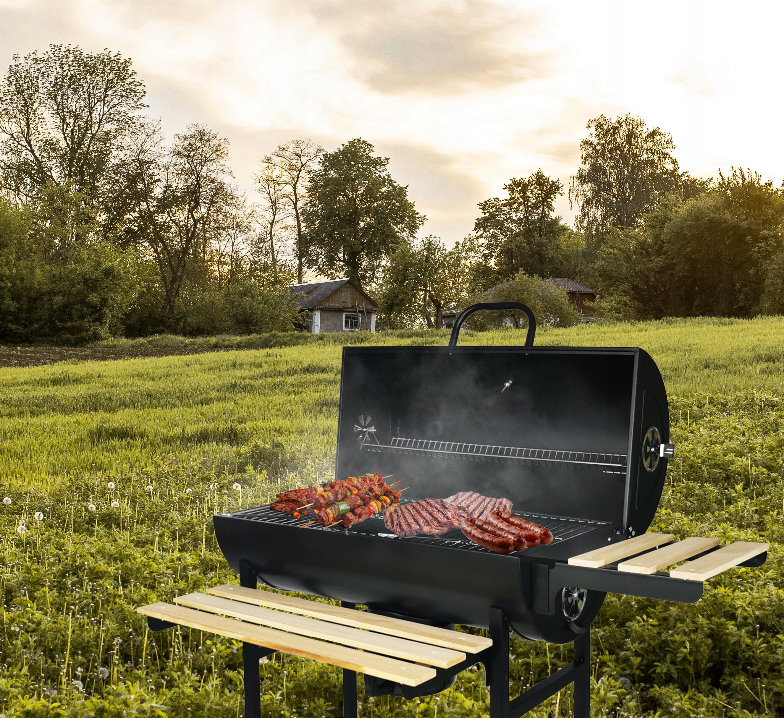 GRILL WĘGLOWY OGRODOWY 2RUSZTY KÓŁKA TERMOMETR PÓŁKI BBQ1008 Waga 17.5 kg