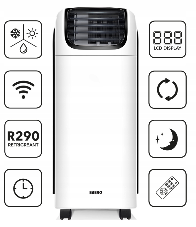 Klimatyzator przenośny 4w1 EBERG QUBO 4kW Osusza 70l/24h+WiFi +Pompa ciepła Stan opakowania oryginalne