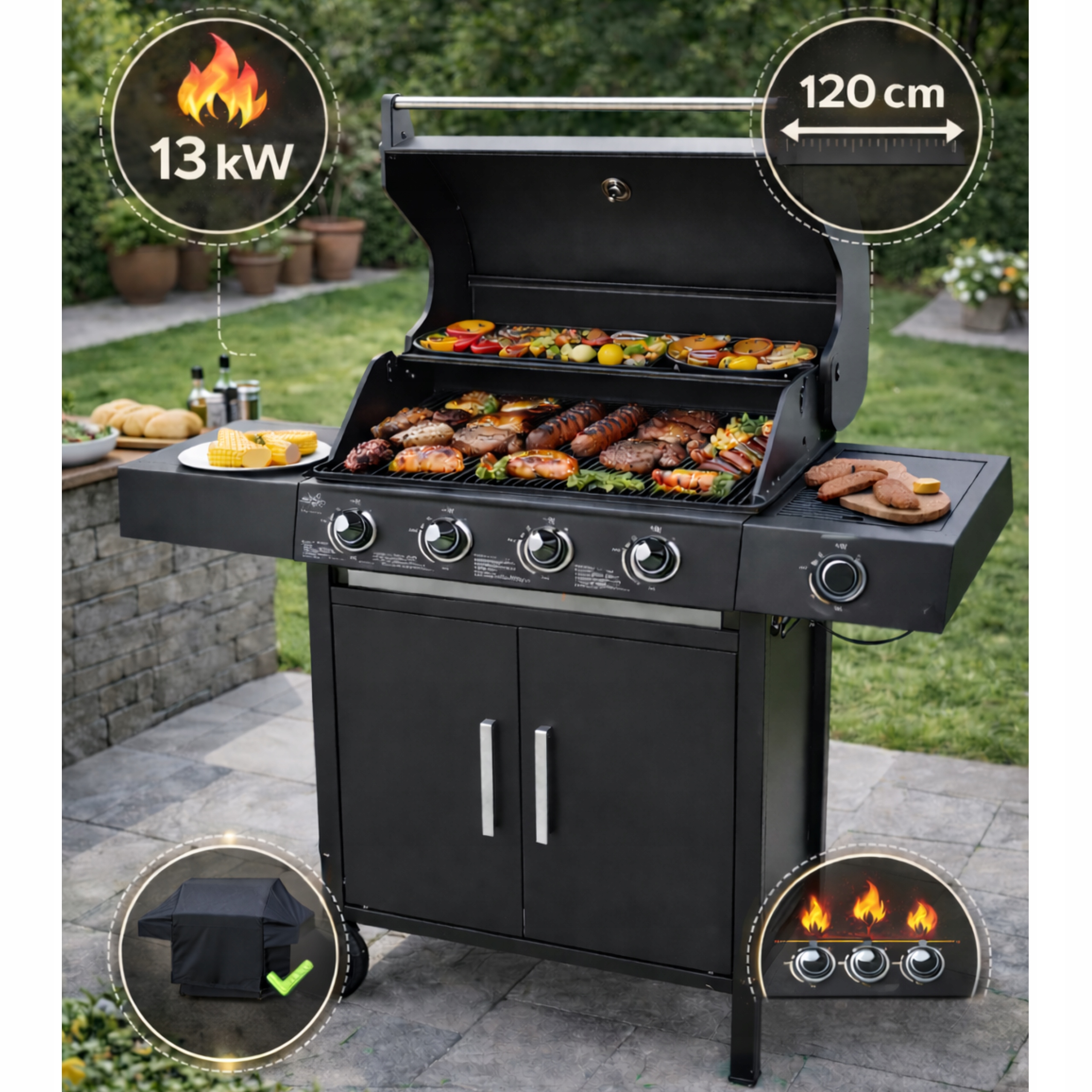 GRILL GAZOWY 13kW 4+1 Z REDUKTOREM POKROWCEM PALNIK BOCZNY ŻELIWNY RUSZT Marka Velaco