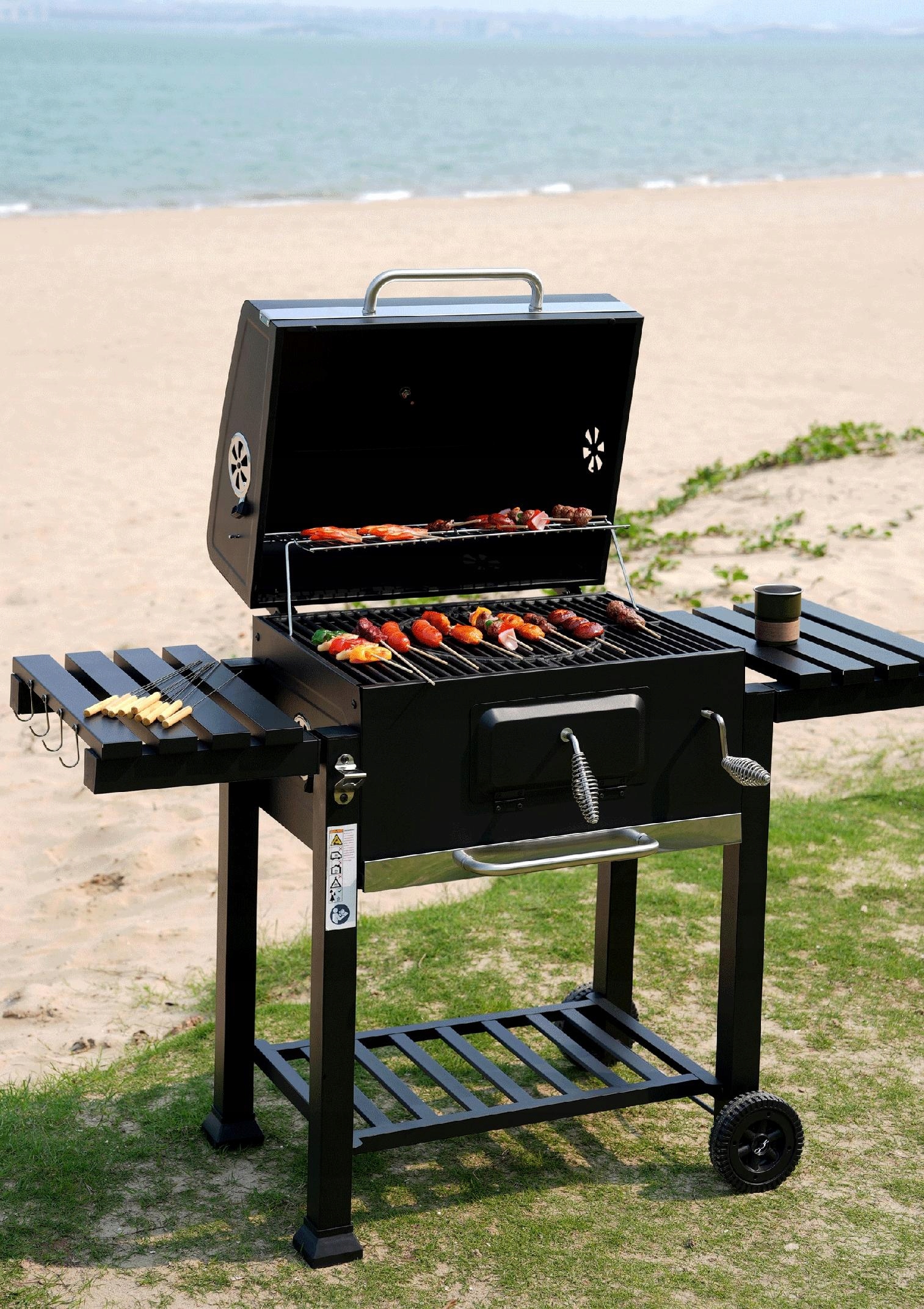 Grill Węglowy Ogrodowy Żeliwny Ruszt Duży Pokrywa Popielnik Termometr 136CM Głębokość grilla 45.5 cm