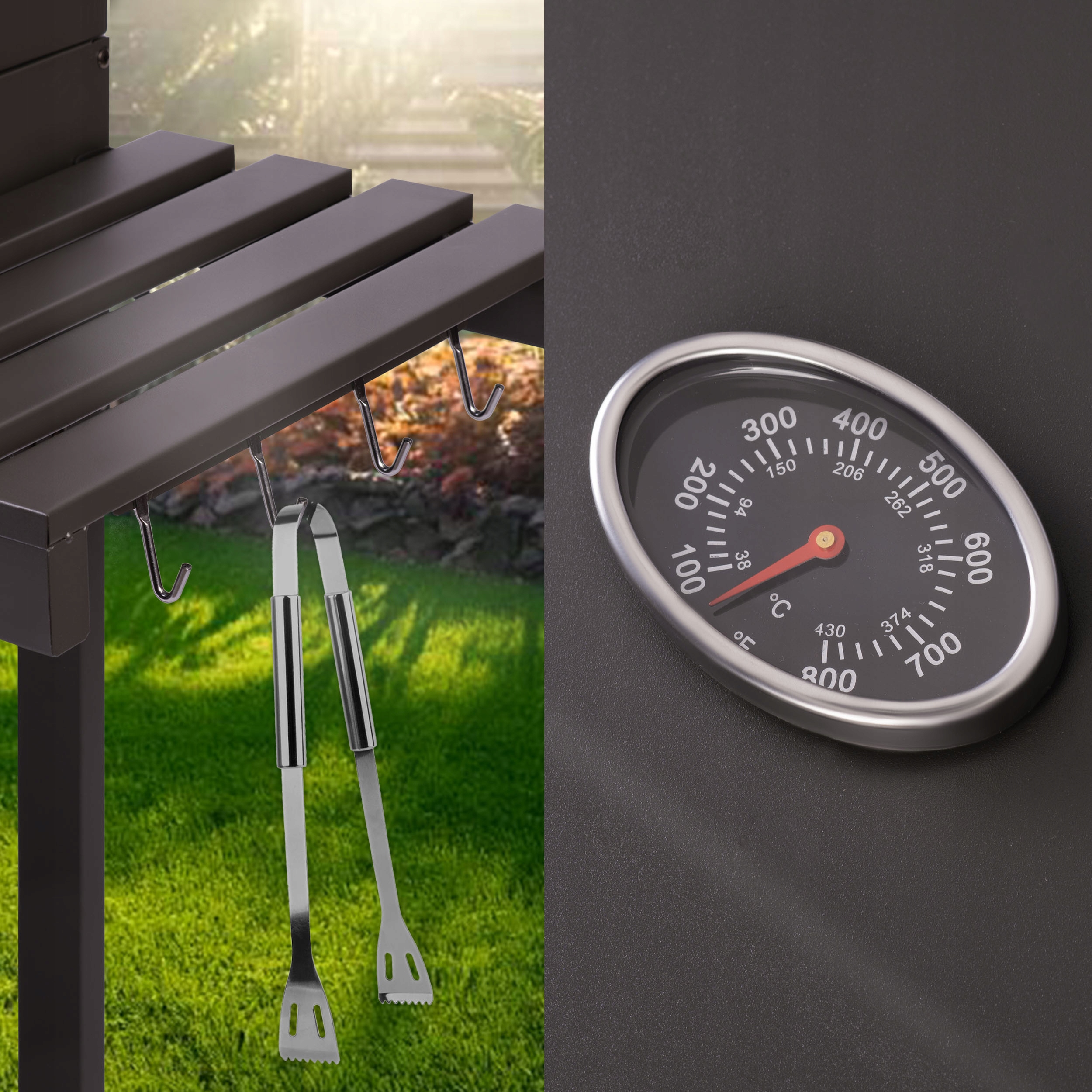 GRILL WĘGLOWY OGRODOWY KOMIN ŻELIWNY RUSZT 57 x 43cm + TERMOMETR DUŻY Cechy dodatkowe kółka pokrywa półka popielnik regulacja rusztu termometr wiatrochron