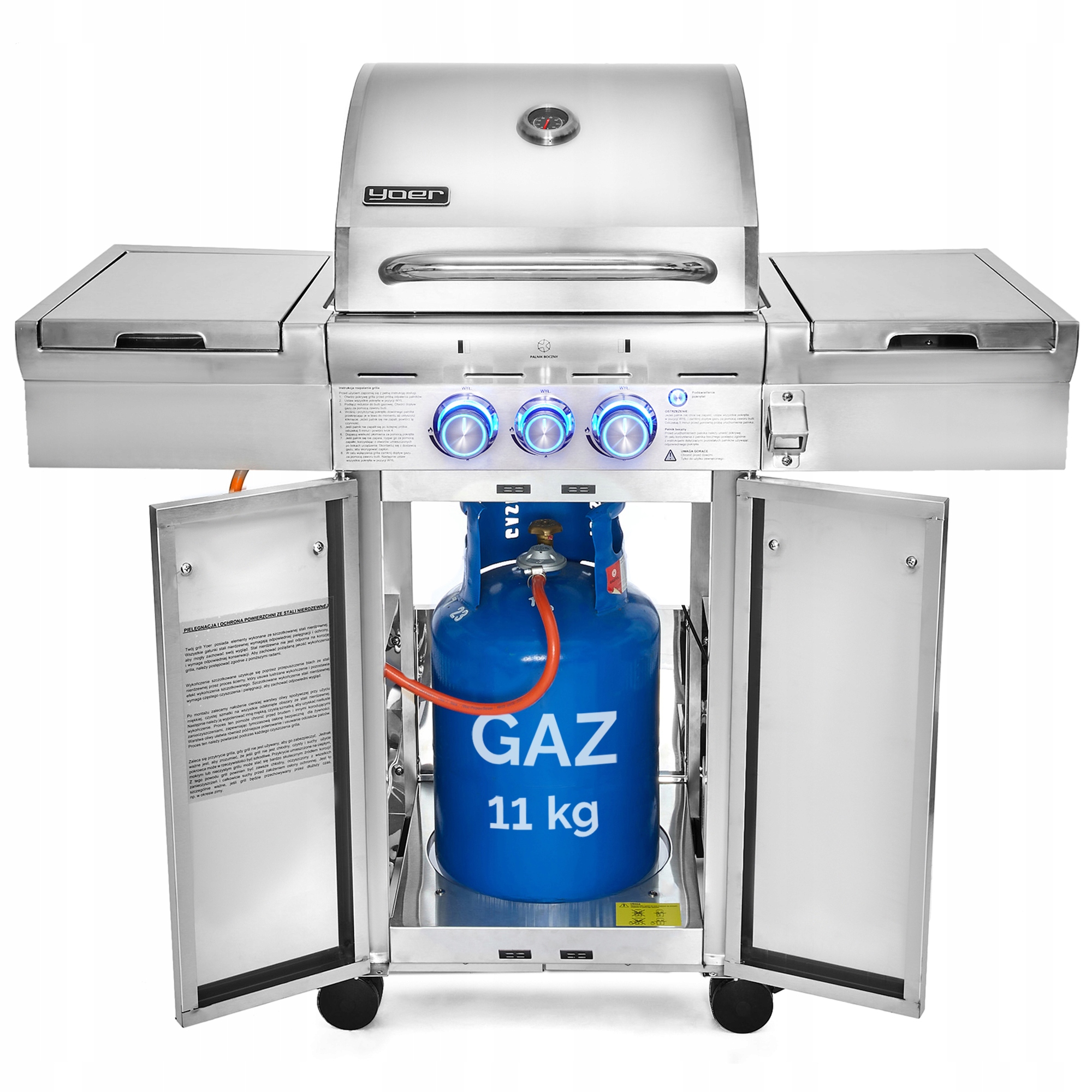 Grill gazowy Ogrodowy ŻELIWNY nierdzewny Yoer 2+1 +10,15 kW +szafa na butlę Liczba palników 3