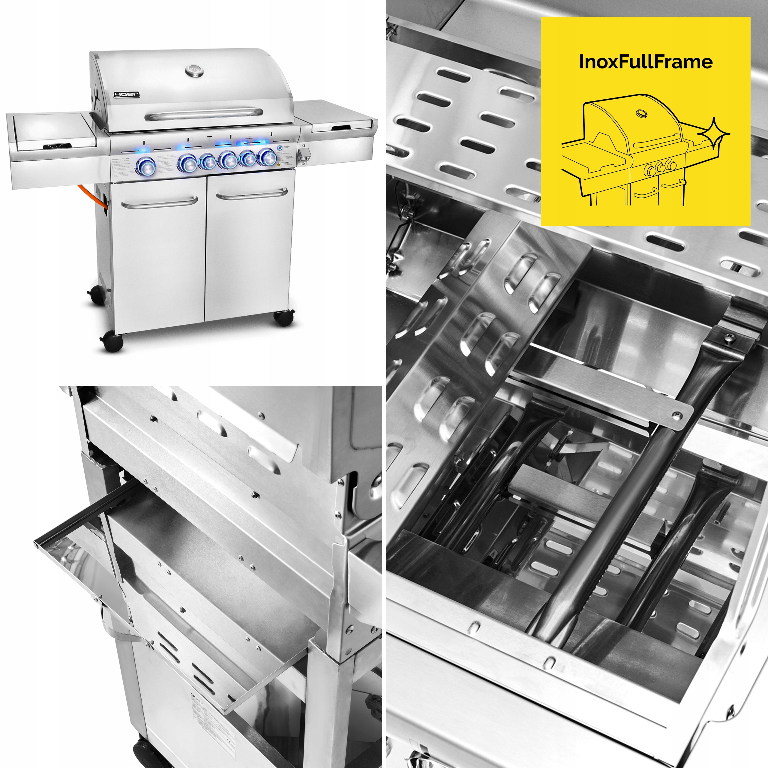 Grill gazowy Ogrodowy ŻELIWNY nierdzewny 4+2 Yoer 21,15 kW +szafka na butlę Wysokość grilla 116 cm