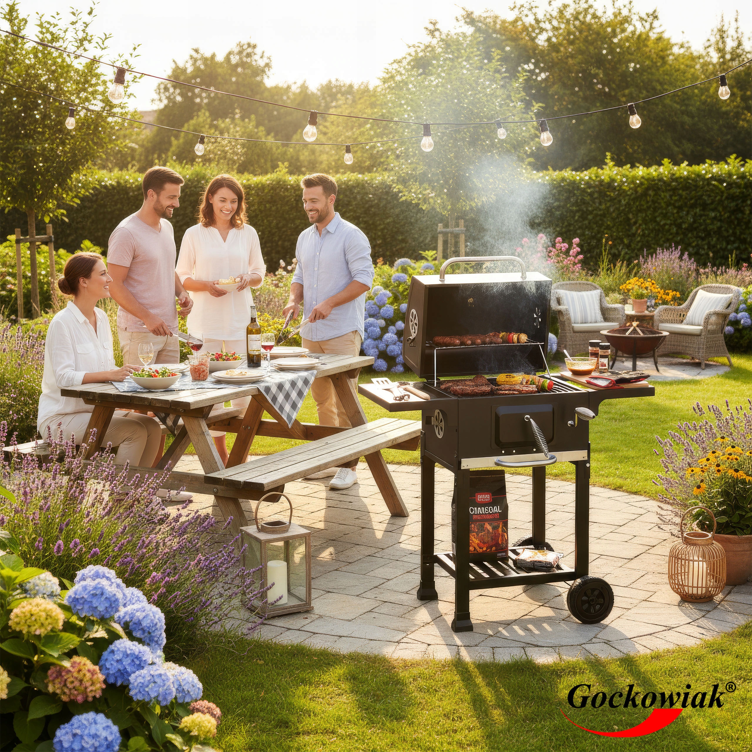 GRILL WĘGLOWY DUŻY ŻELIWNY RUSZT OGRODOWY Z POKRYWĄ POPIELNIK + TERMOMETR Stan opakowania oryginalne