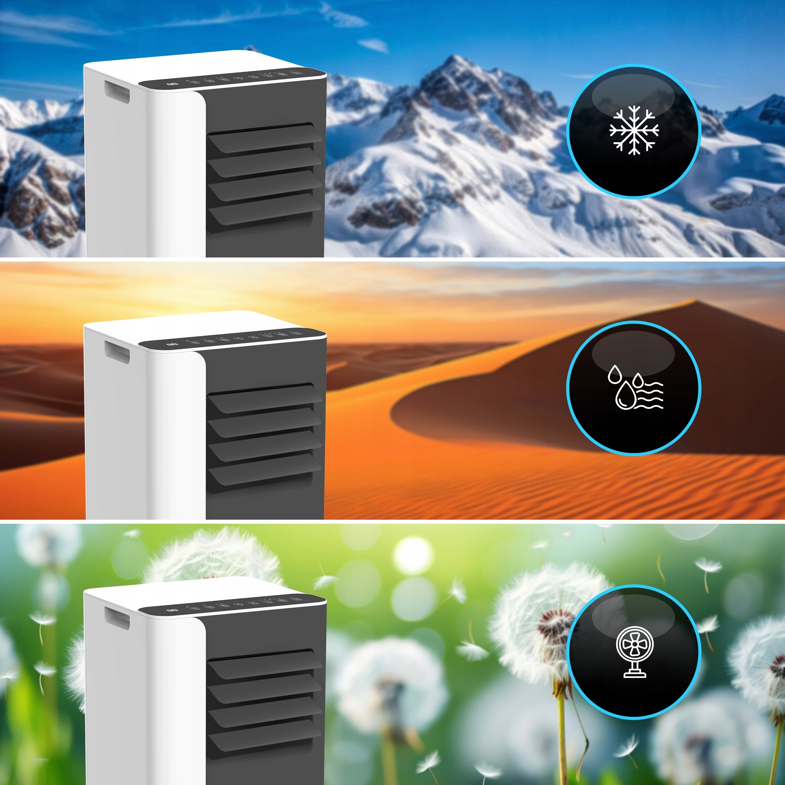 Klimatyzator przenośny MINI 2,6 kW mały cichy WiFi 26 m2 osuszacz uszczelka Funkcje chłodzenie osuszanie wentylacja