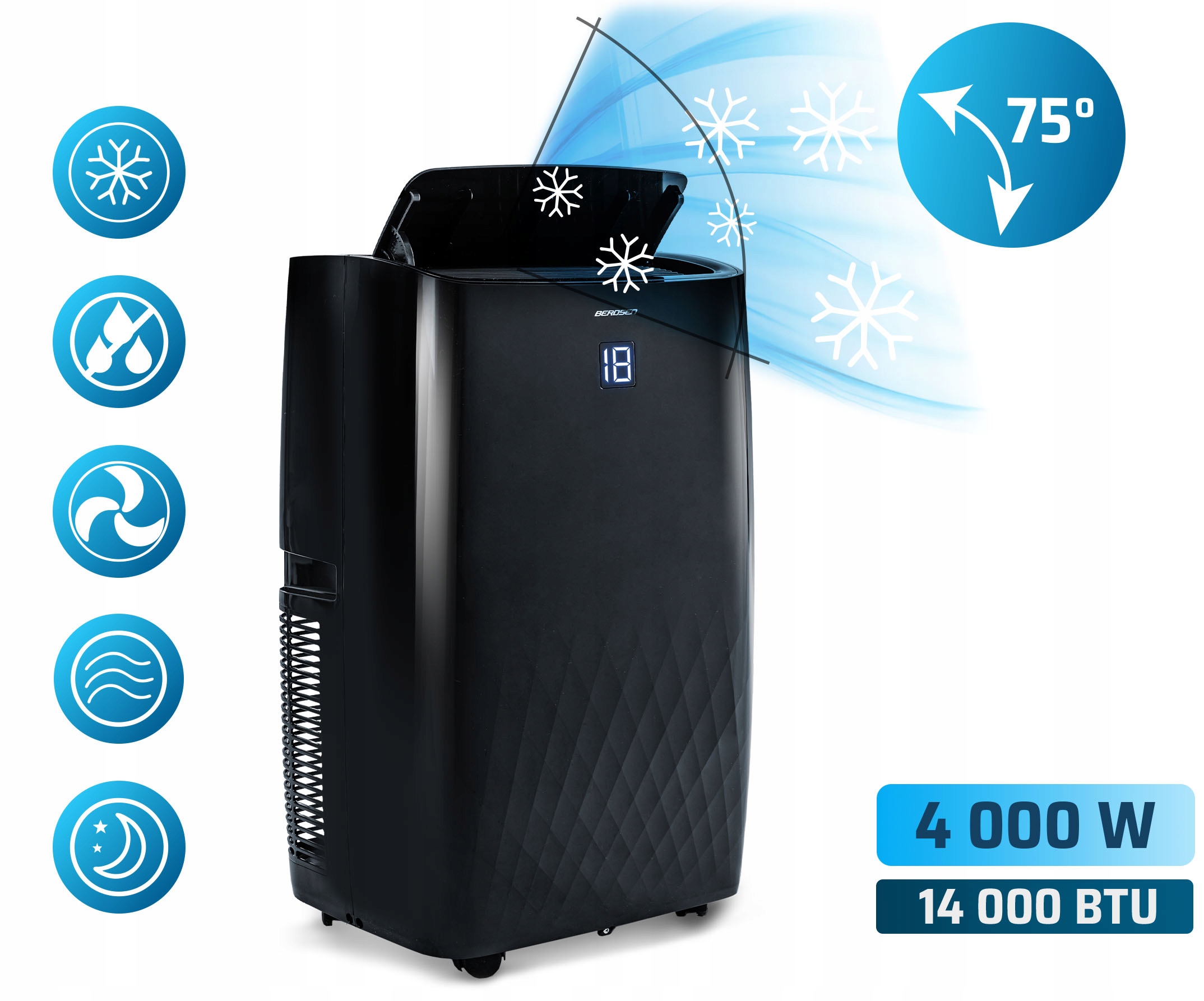 KLIMATYZATOR PRZENOŚNY Berdsen Z FUNKCJĄ GRZANIA 4kW OSUSZACZ 36l/24h WiFi Moc chłodzenia 4000 W
