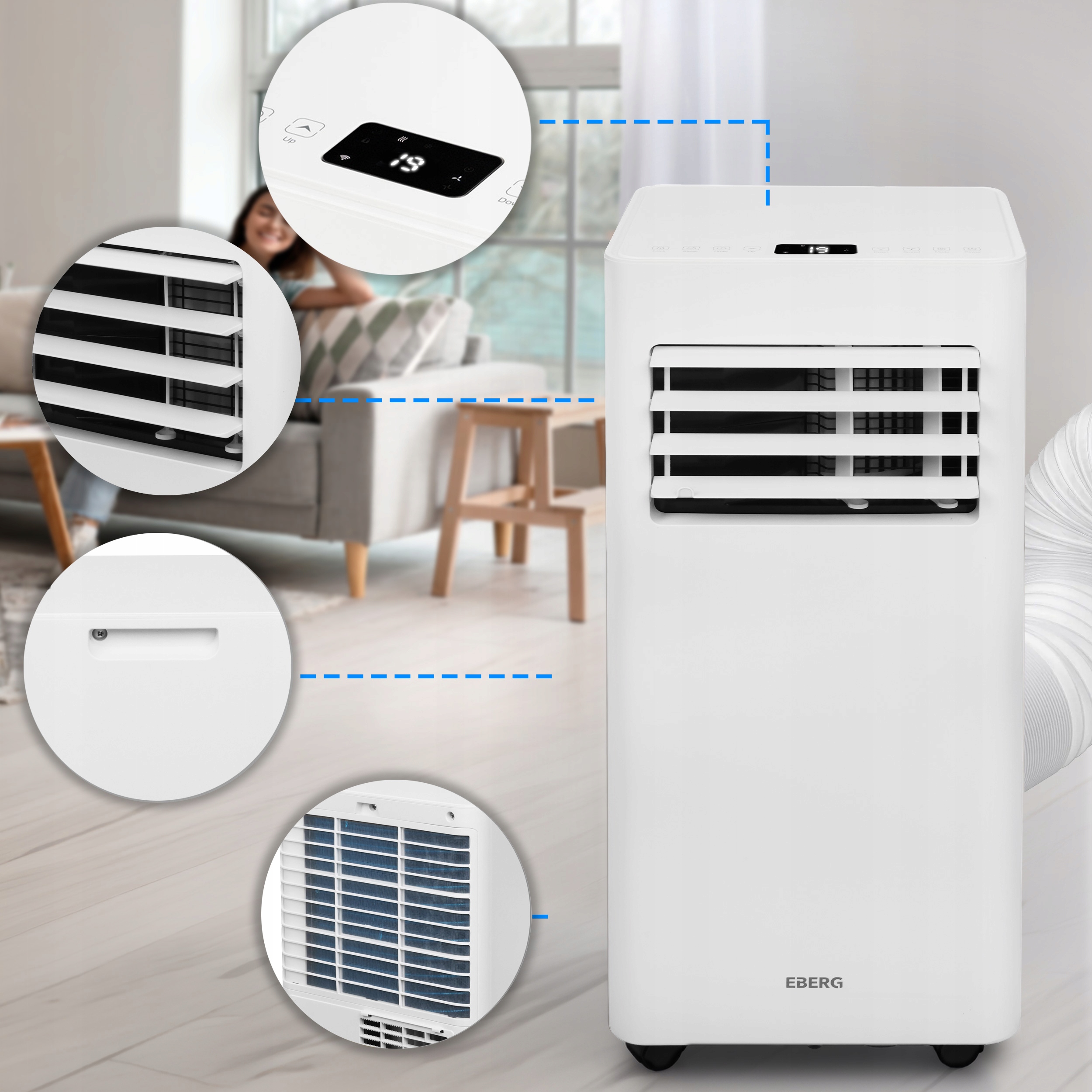 Klimatyzator przenośny EBERG SKY 2,6kW cichy WiFi osuszacz 24l + ClimaLock Moc ogrzewania 0 W