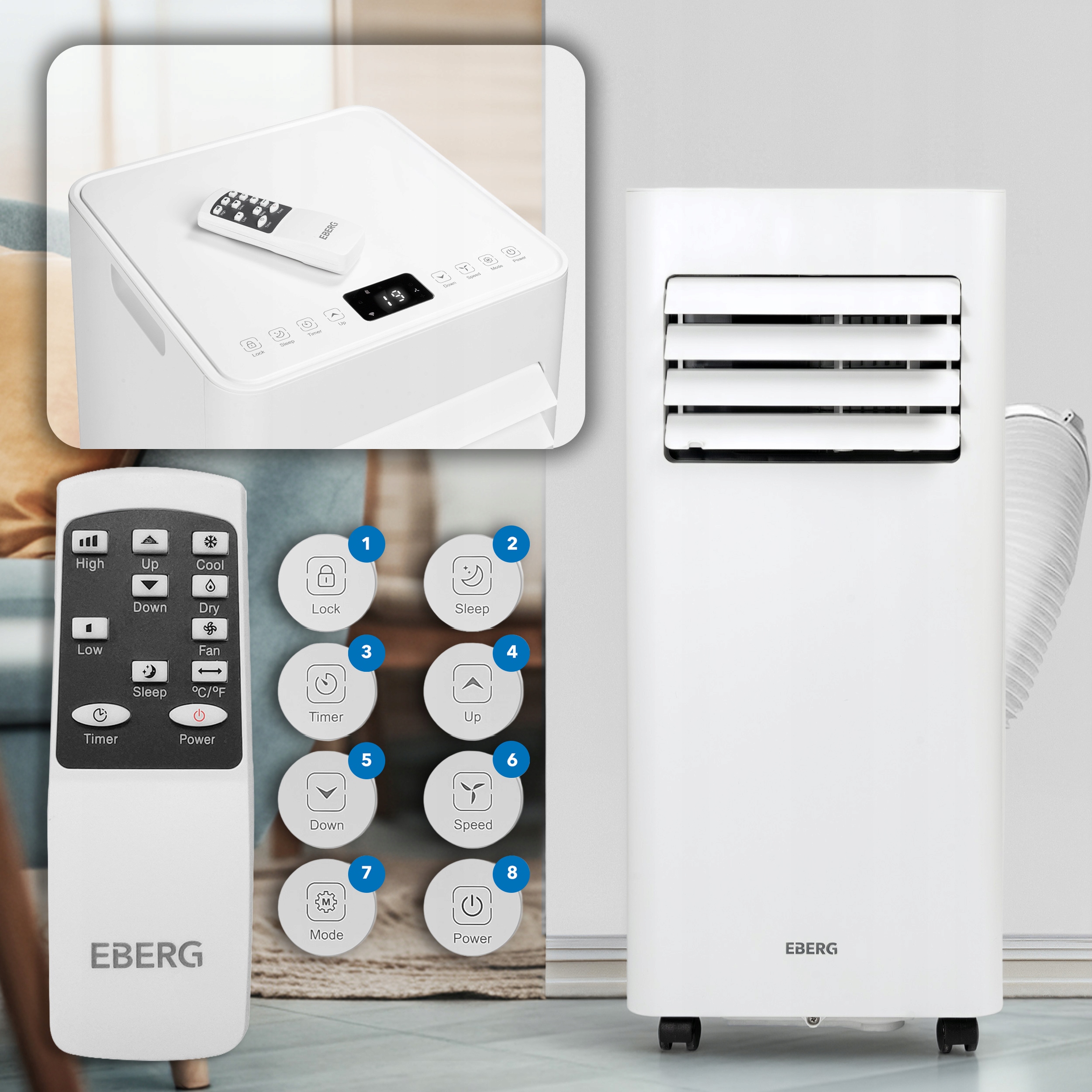 Klimatyzator przenośny EBERG SKY 2,6kW cichy WiFi osuszacz 24l + ClimaLock Moc chłodzenia 2640 W