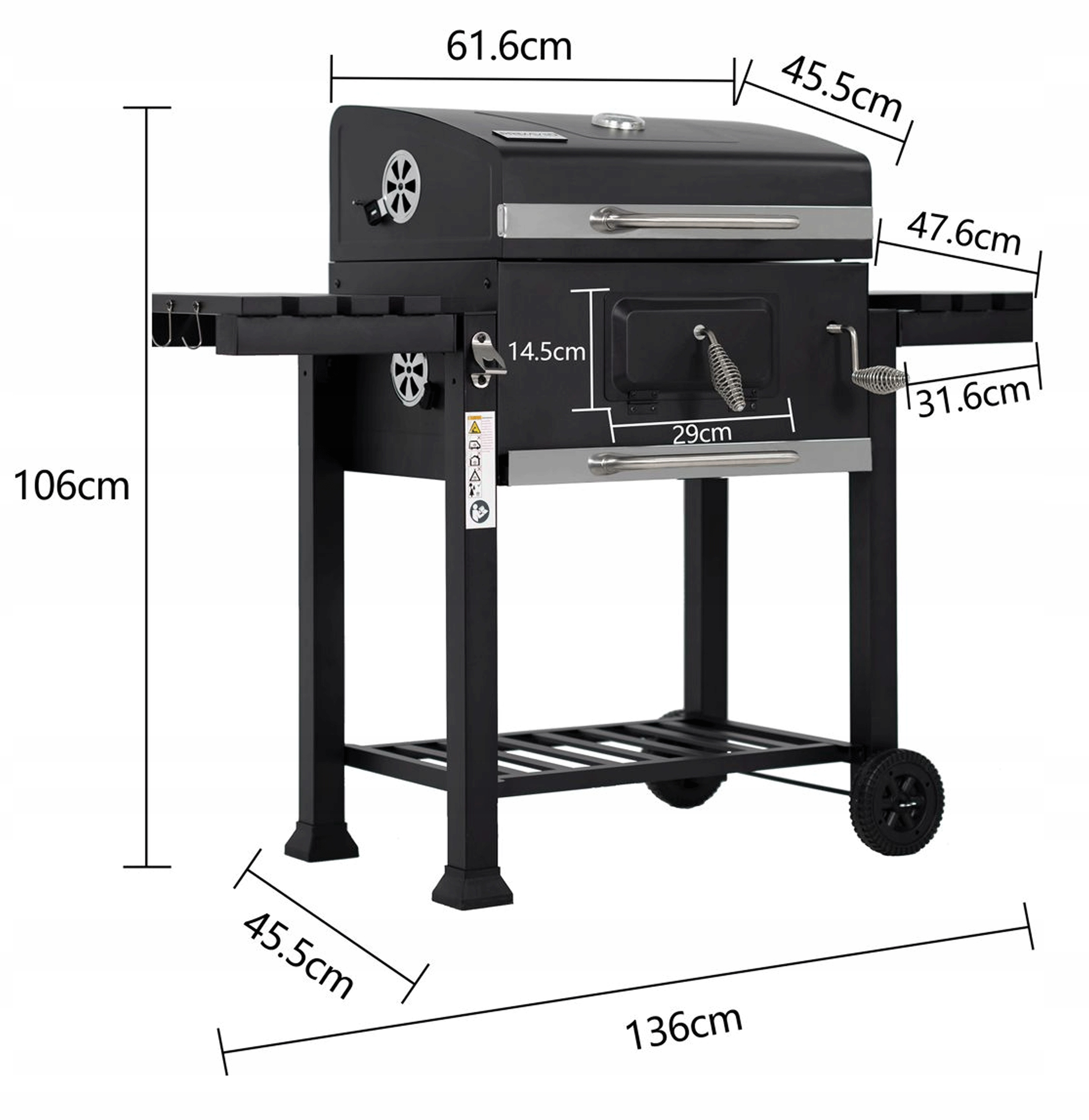 Grill Węglowy Ogrodowy Żeliwny Ruszt Duży Pokrywa Popielnik Termometr 136CM Typ przenośny