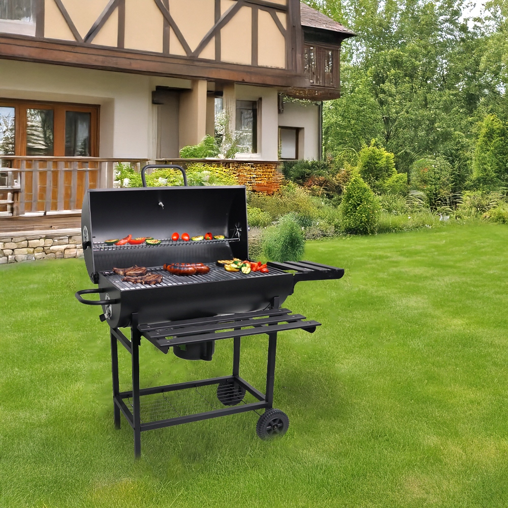 Grill Węglowy Ogrodowy z POKRYWĄ Duża Beczka Popielnik Termometr Półki Materiał stal