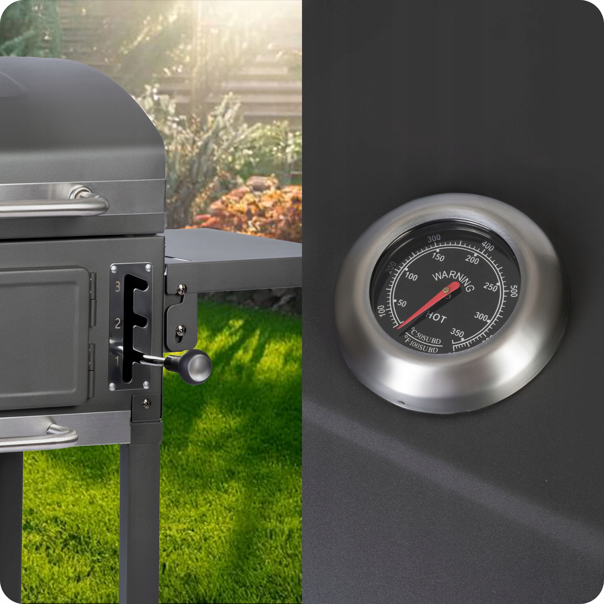 GRILL WĘGLOWY OGRODOWY KOMIN ŻELIWNY RUSZT Z POKRYWĄ POPIELNIK + TERMOMETR Waga 17.05 kg