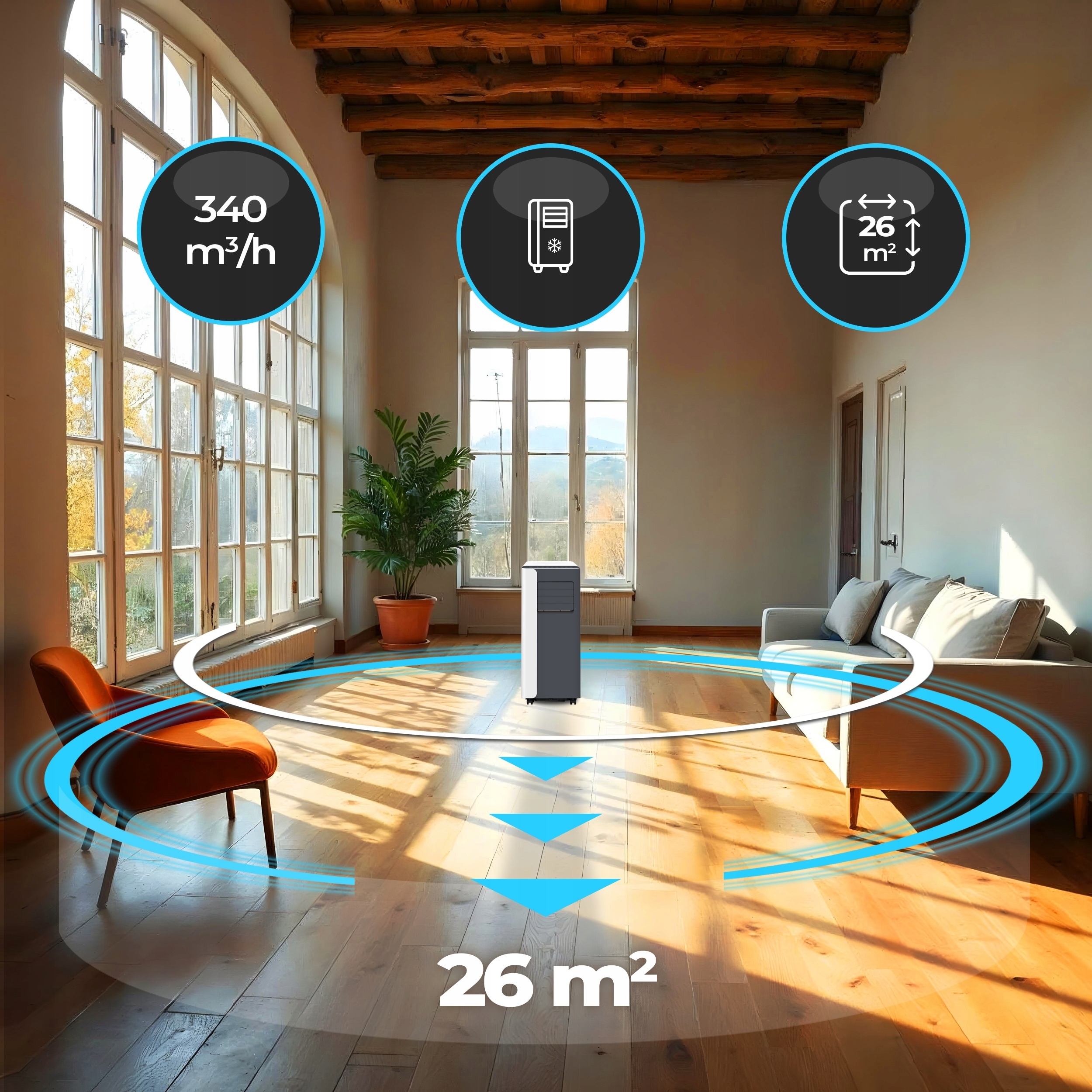 Klimatyzator przenośny MINI 2,6 kW mały cichy WiFi 26 m2 osuszacz uszczelka Klasa energetyczna- chłodzenie A