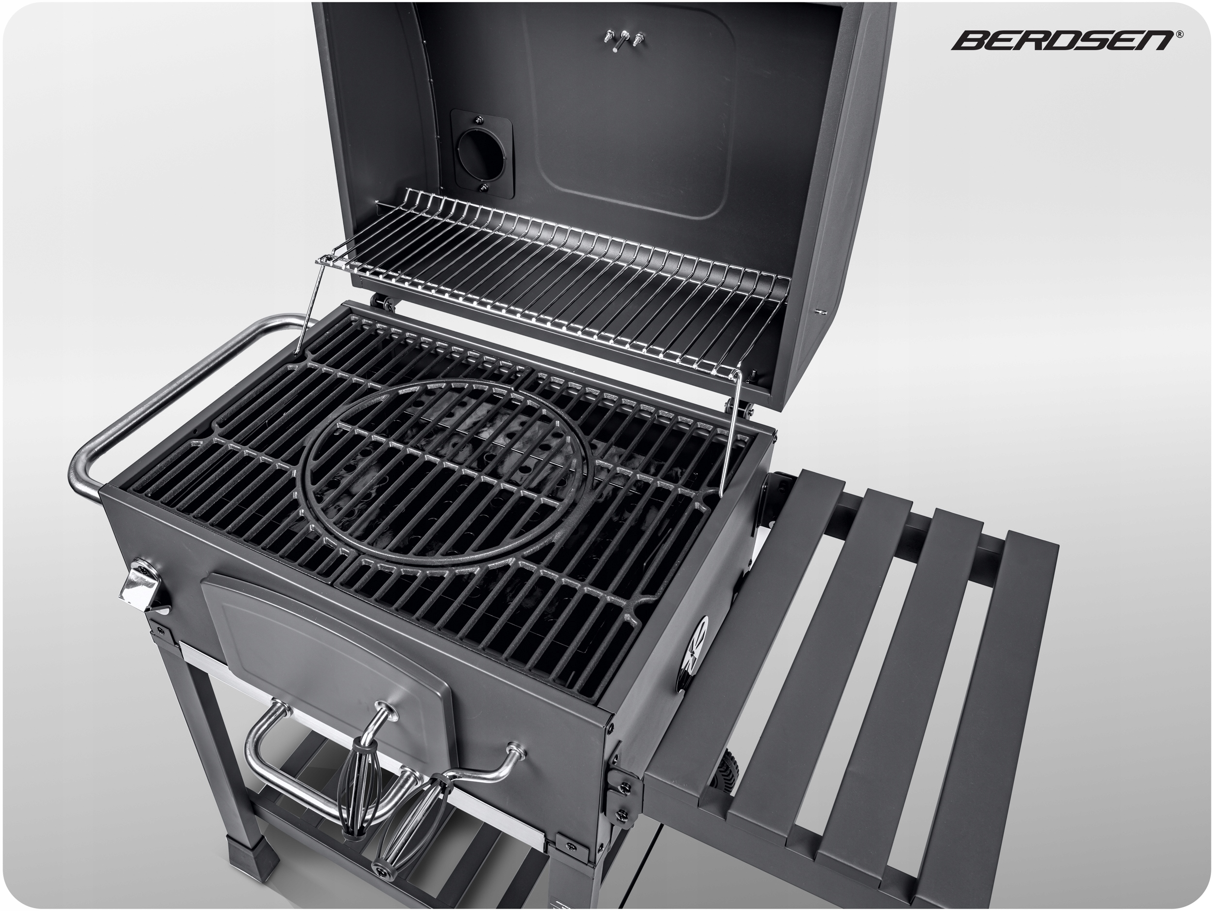 GRILL WĘGLOWY OGRODOWY KOMIN ŻELIWNY RUSZT 57 x 43cm + TERMOMETR DUŻY Szerokość grilla 109.5 cm