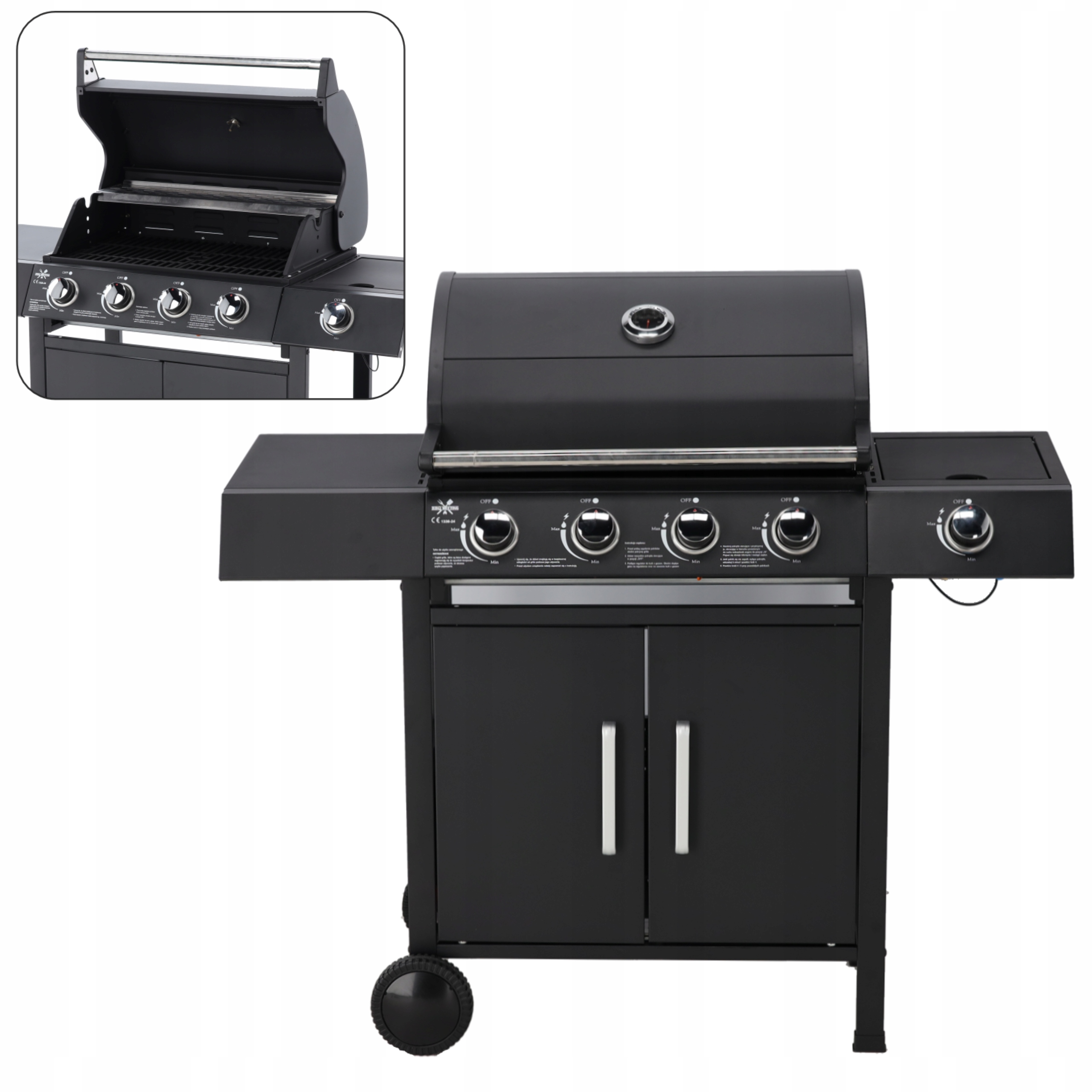 GRILL GAZOWY 13kW 4+1 Z REDUKTOREM POKROWCEM PALNIK BOCZNY ŻELIWNY RUSZT Głębokość grilla 59 cm