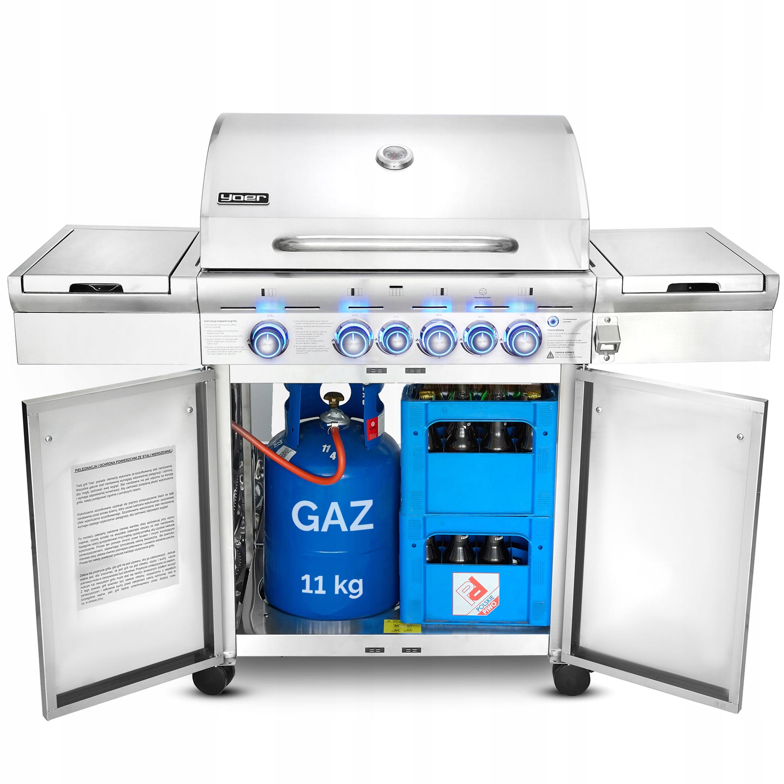 Grill gazowy Ogrodowy ŻELIWNY nierdzewny 4+2 Yoer 21,15 kW +szafka na butlę Głębokość grilla 47 cm