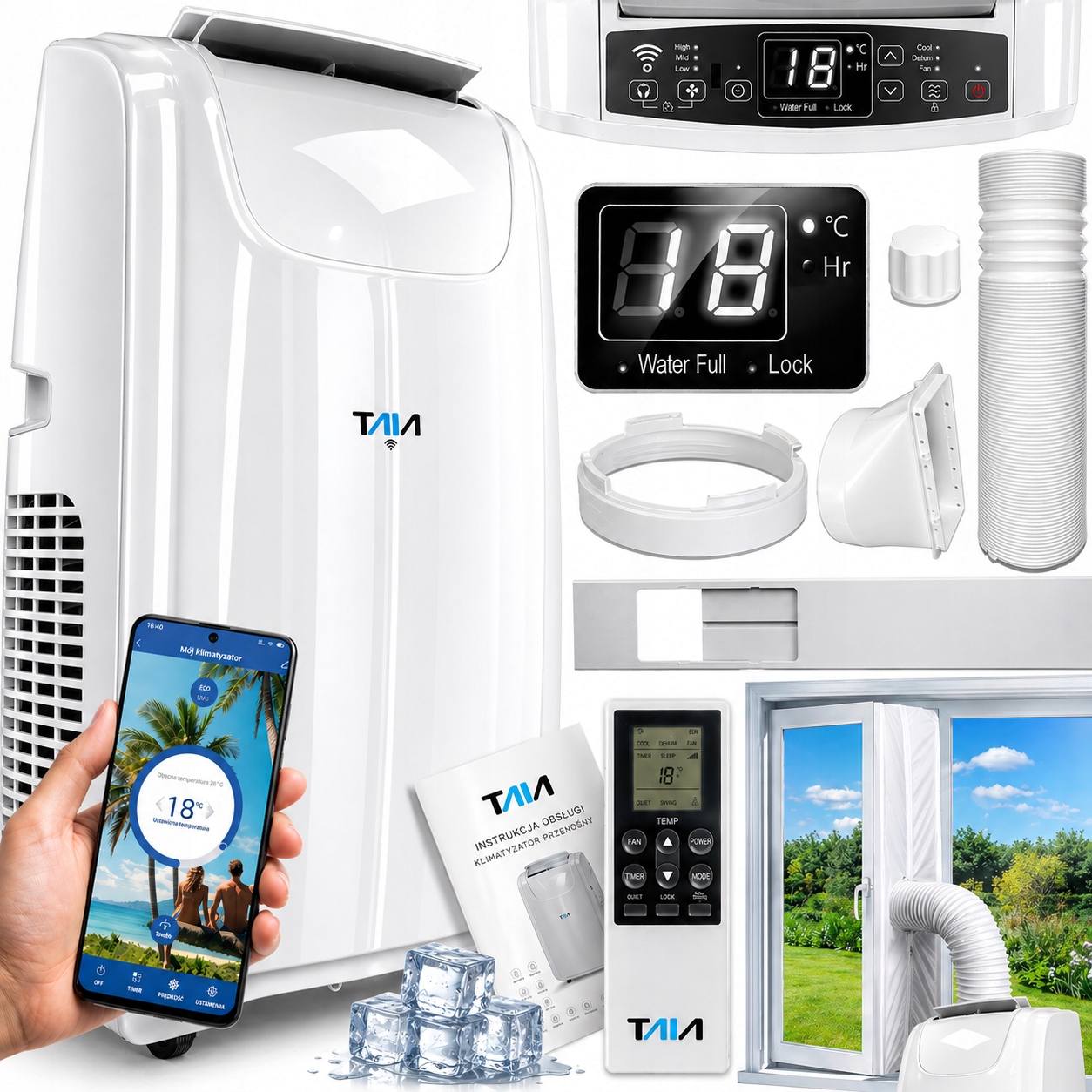 POTĘŻNY KLIMATYZATOR PRZENOŚNY WIFI 3,52 kW OSUSZACZ 58 l/h 9W1 +USZCZELKA