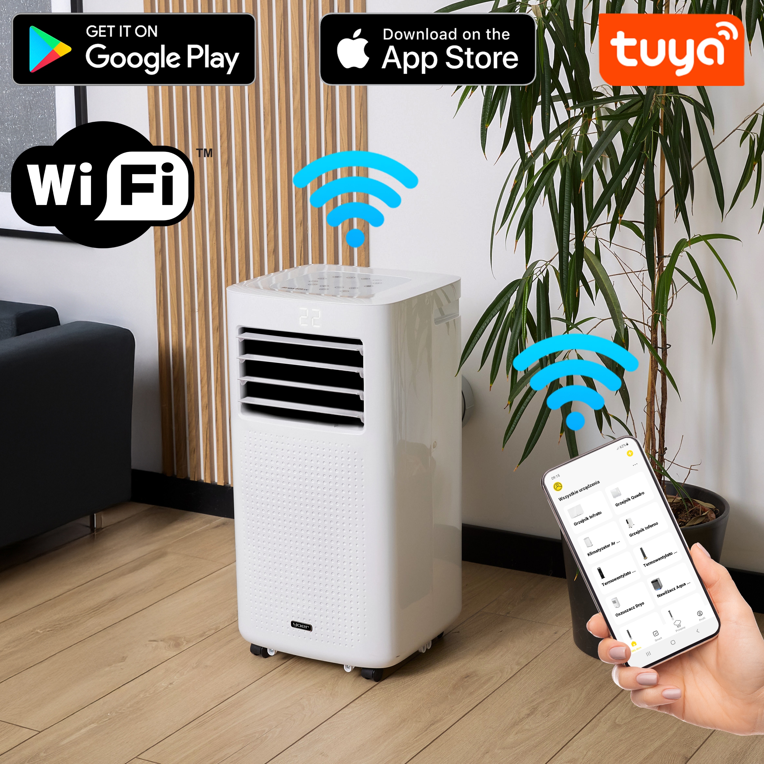 Klimatyzator przenośny Cichy Mały 3kW 30m2 Yoer Osuszacz WiFi +Pompa ciepła Funkcje chłodzenie grzanie osuszanie wentylacja
