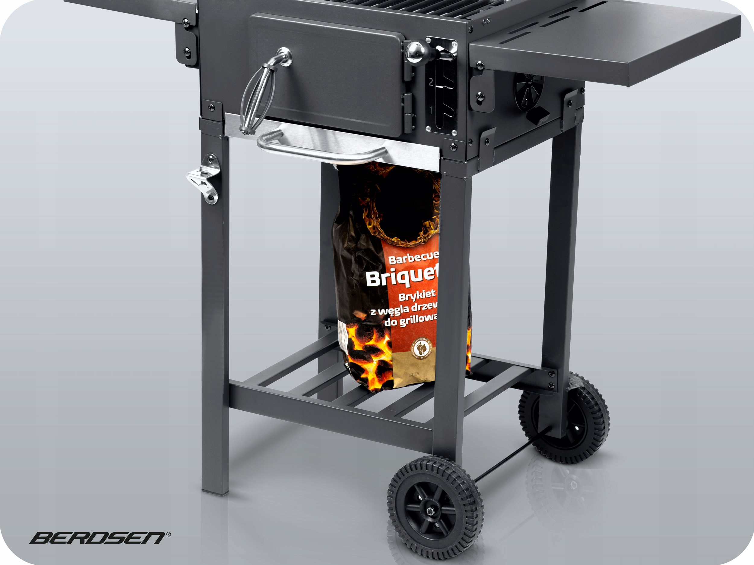 GRILL WĘGLOWY OGRODOWY KOMIN ŻELIWNY RUSZT Z POKRYWĄ POPIELNIK + TERMOMETR Długość rusztu 42 cm