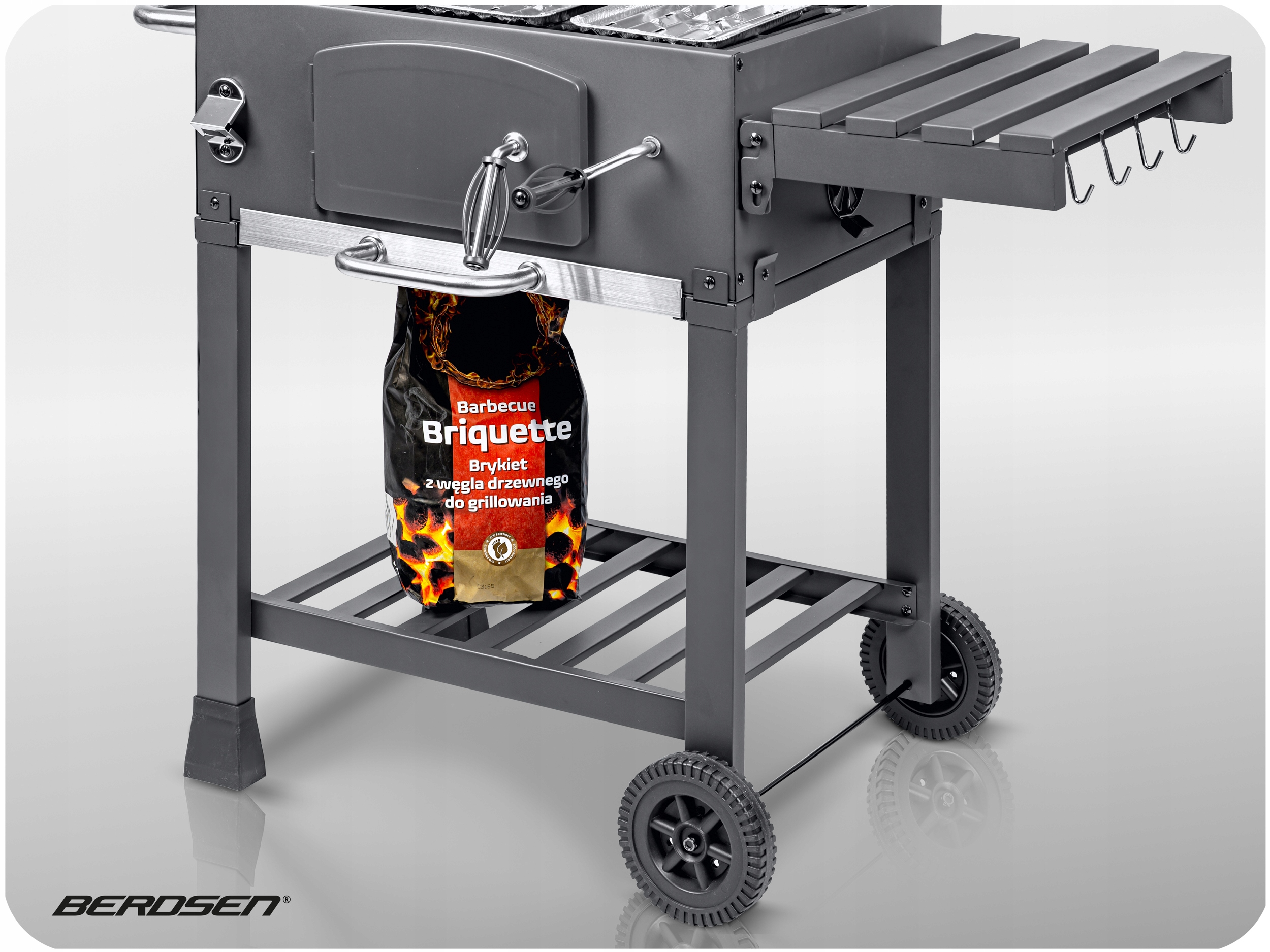 GRILL WĘGLOWY OGRODOWY KOMIN ŻELIWNY RUSZT 57 x 43cm + TERMOMETR DUŻY Głębokość grilla 48 cm