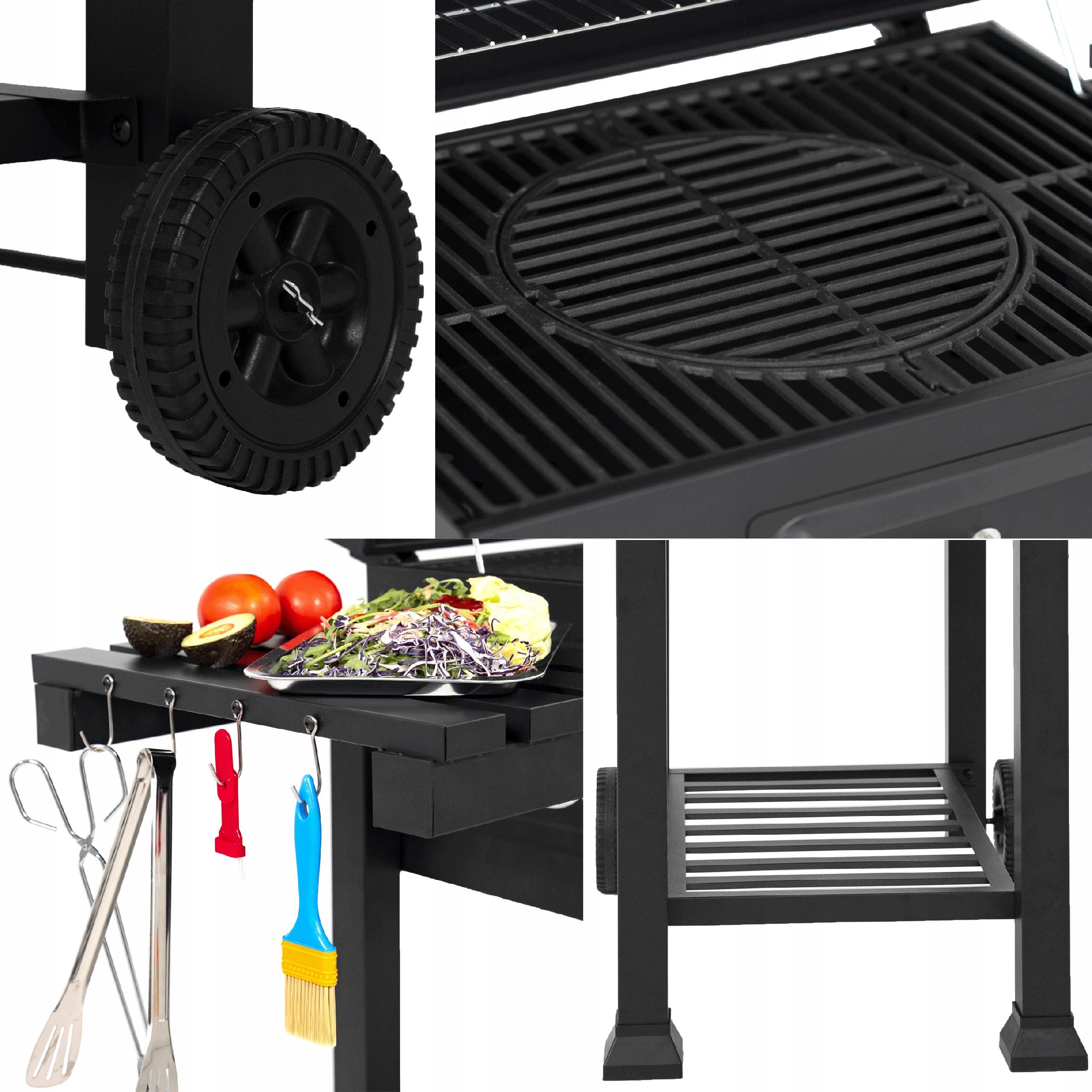 Grill Węglowy Ogrodowy Żeliwny Ruszt Duży Pokrywa Popielnik Termometr 136CM Szerokość rusztu 43 cm