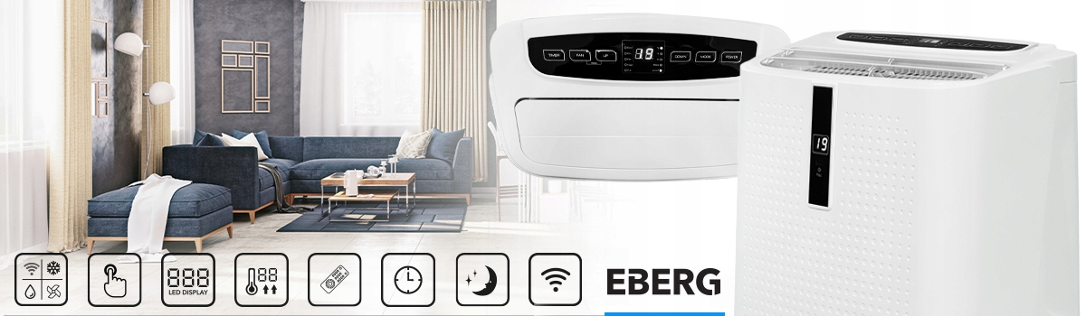 Klimatyzator przenośny EBERG ENVA 3,5kW 3w1 WiFi osuszacz 56l/24h+ClimaLock Informacje dodatkowe sterowanie przez Wi-Fi wbudowany wyświetlacz temperatury