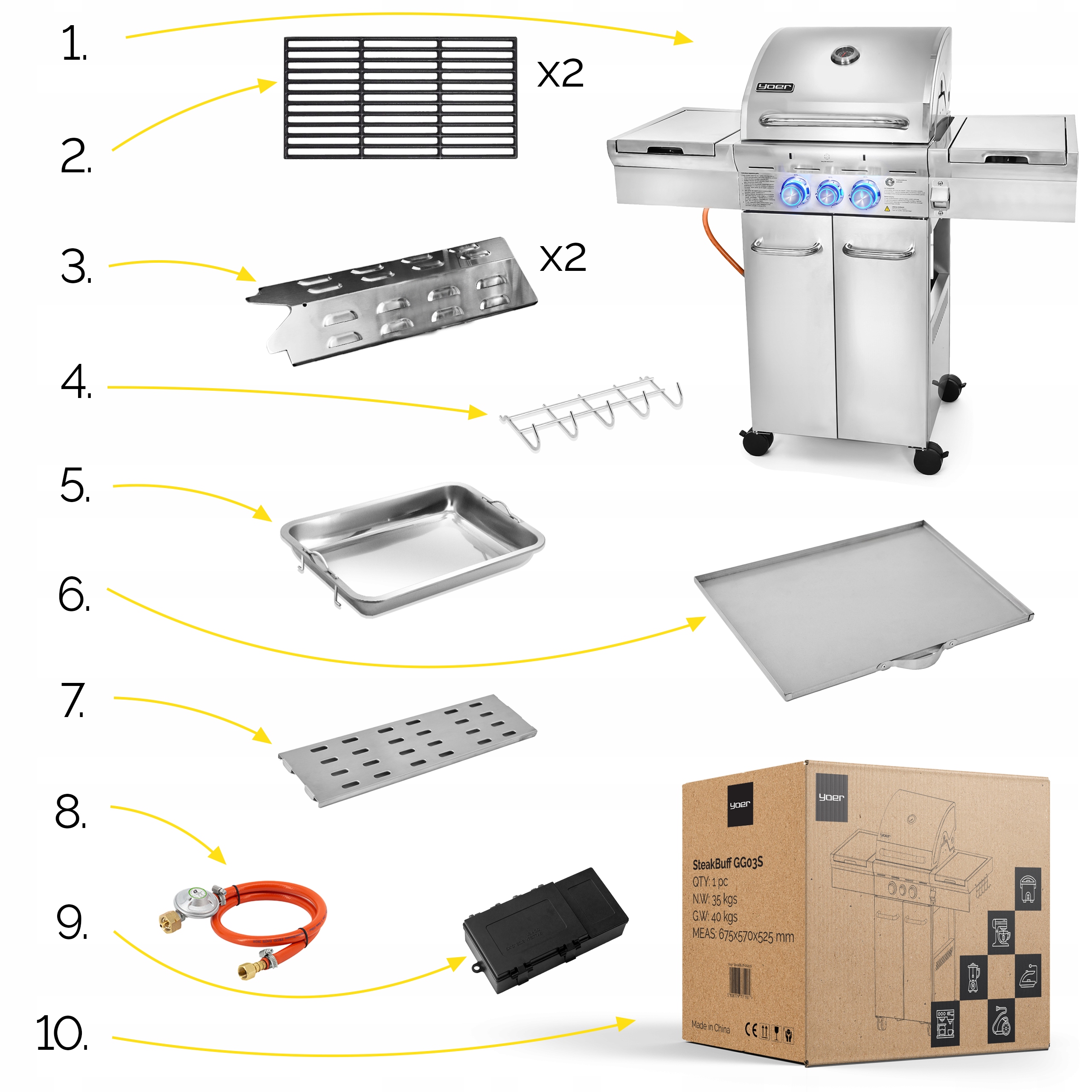 Grill gazowy Ogrodowy ŻELIWNY nierdzewny Yoer 2+1 +10,15 kW +szafa na butlę Wykonanie rusztu żeliwny