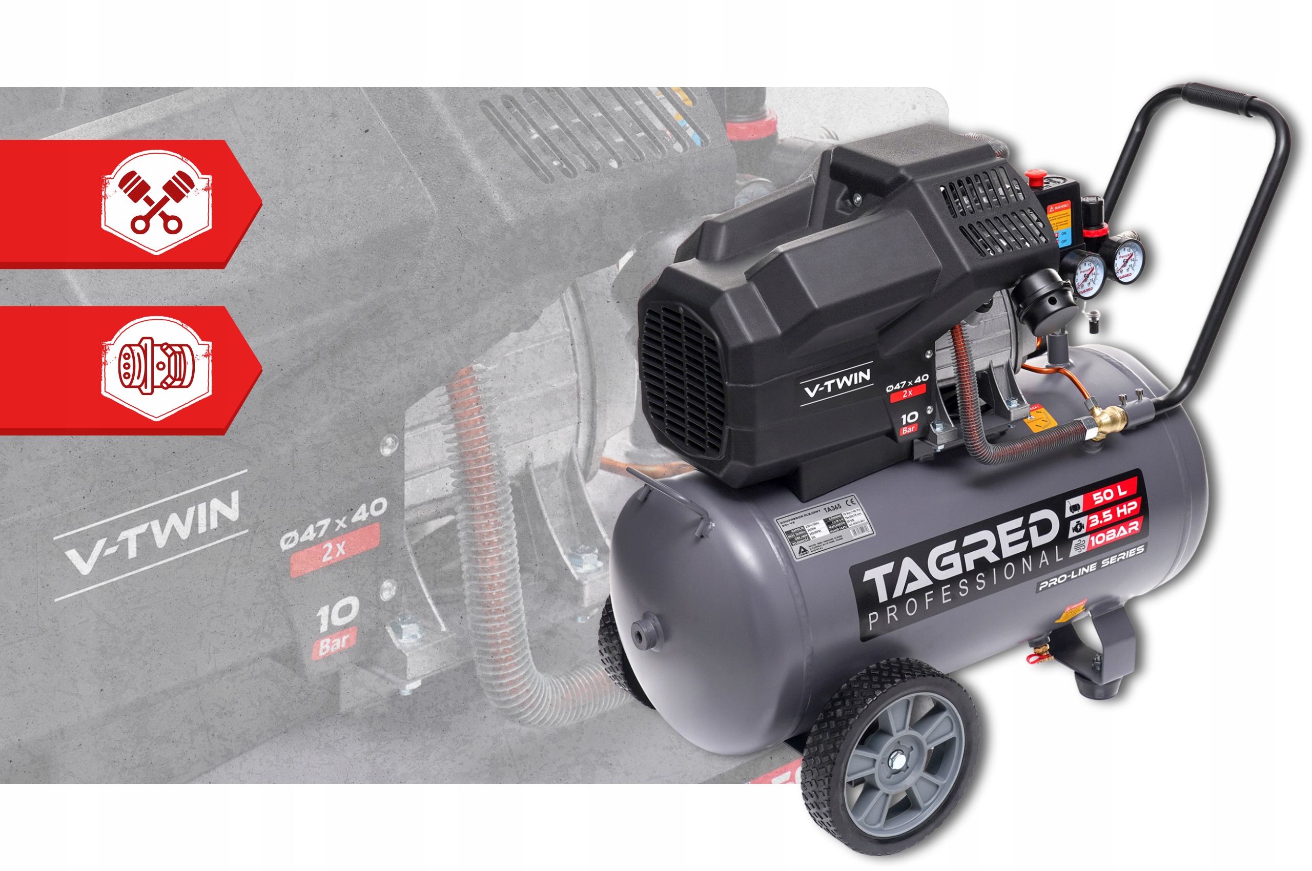 Kompresor sprężarka 50L V2 10bar Pro-Line Wzmocniony Wydajny Mocny + Olej Model TA365