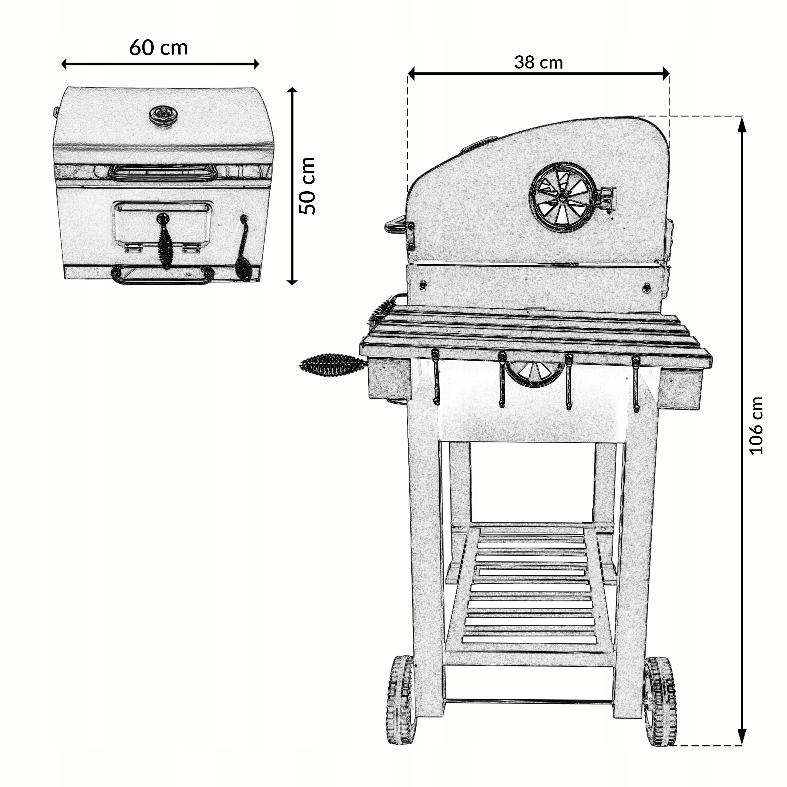 GRILL WĘGLOWY XXL PODWÓJNY RUSZT POKRYWA POPIELNIK TERMOMETR BBQ 1011 Długość rusztu 36.5 cm