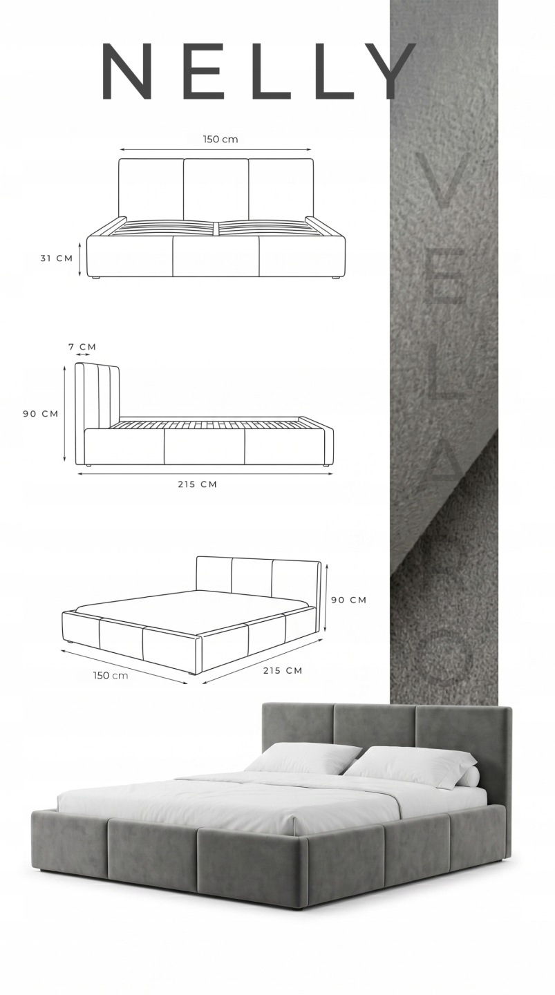 Łóżko 140x200 tapicerowane z pojemnikiem stelaż metalowy NELLY 41 kol. Waga produktu z opakowaniem jednostkowym 48 kg
