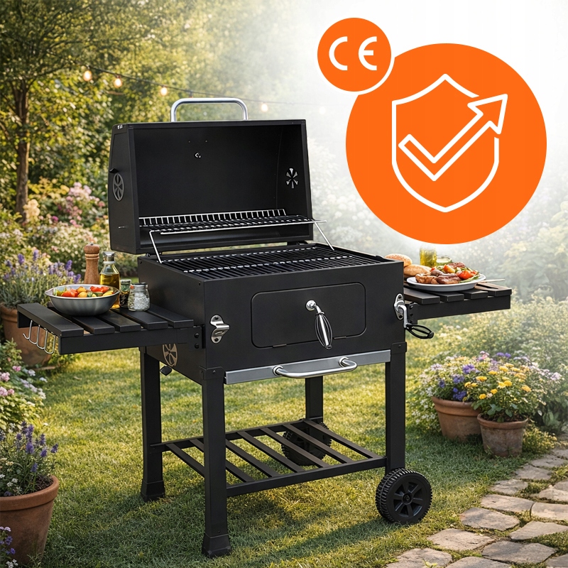 GRILL ZAMYKANY WĘGLOWY OGRODOWY DUŻY POKRYWA PÓŁKI BLAT OTWIERACZ POPIELNIK Typ przenośny