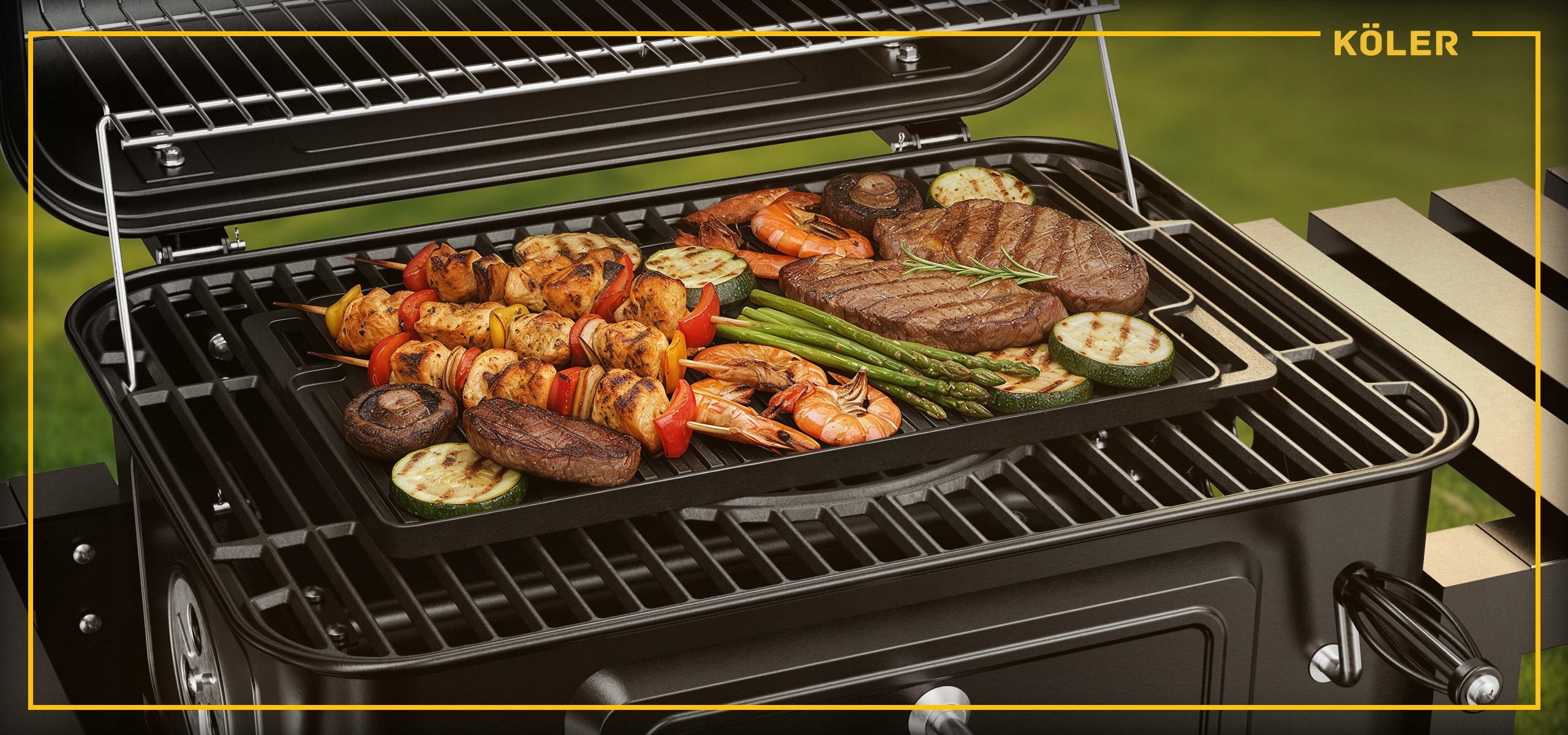 GRILL WĘGLOWY Ogrodowy Ember CH2 ŻELIWNY RUSZT EMALIA DUŻY z Pokrywą +Płyta Długość rusztu 58.5 cm