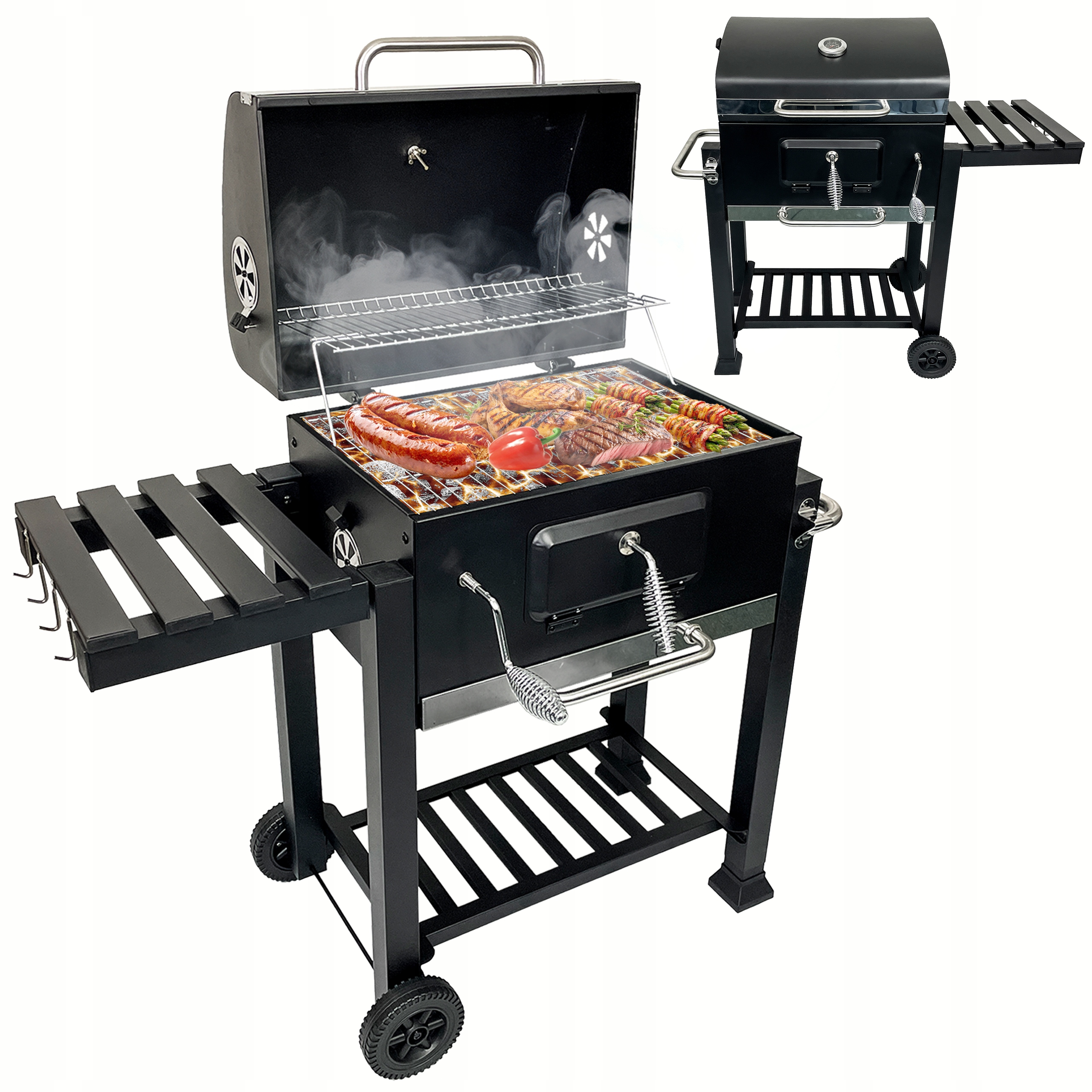 GRILL WĘGLOWY XXL PODWÓJNY RUSZT POKRYWA POPIELNIK TERMOMETR BBQ 1011 Stan opakowania oryginalne