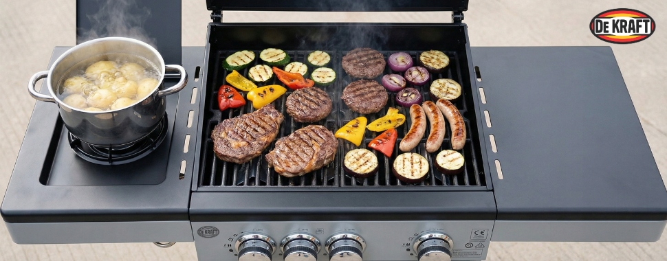 DEKRAFT GRILL GAZOWY 3+1 PALNIKI RUSZT ŻELIWNY SZAFKA NA BUTLĘ (NEBRASKA) Wykonanie rusztu żeliwny