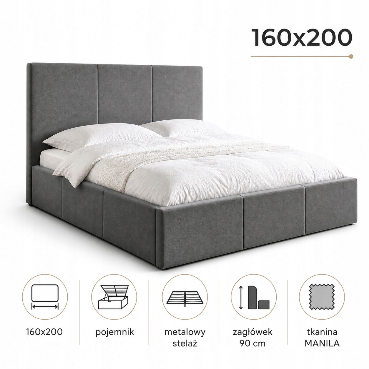 Łóżko 160x200 tapicerowane z pojemnikiem stelaż metalowy NELLY 41 kol. Informacje dodatkowe pojemnik na pościel otwierany do góry zaokrąglone krawędzie ze stelażem z zagłówkiem