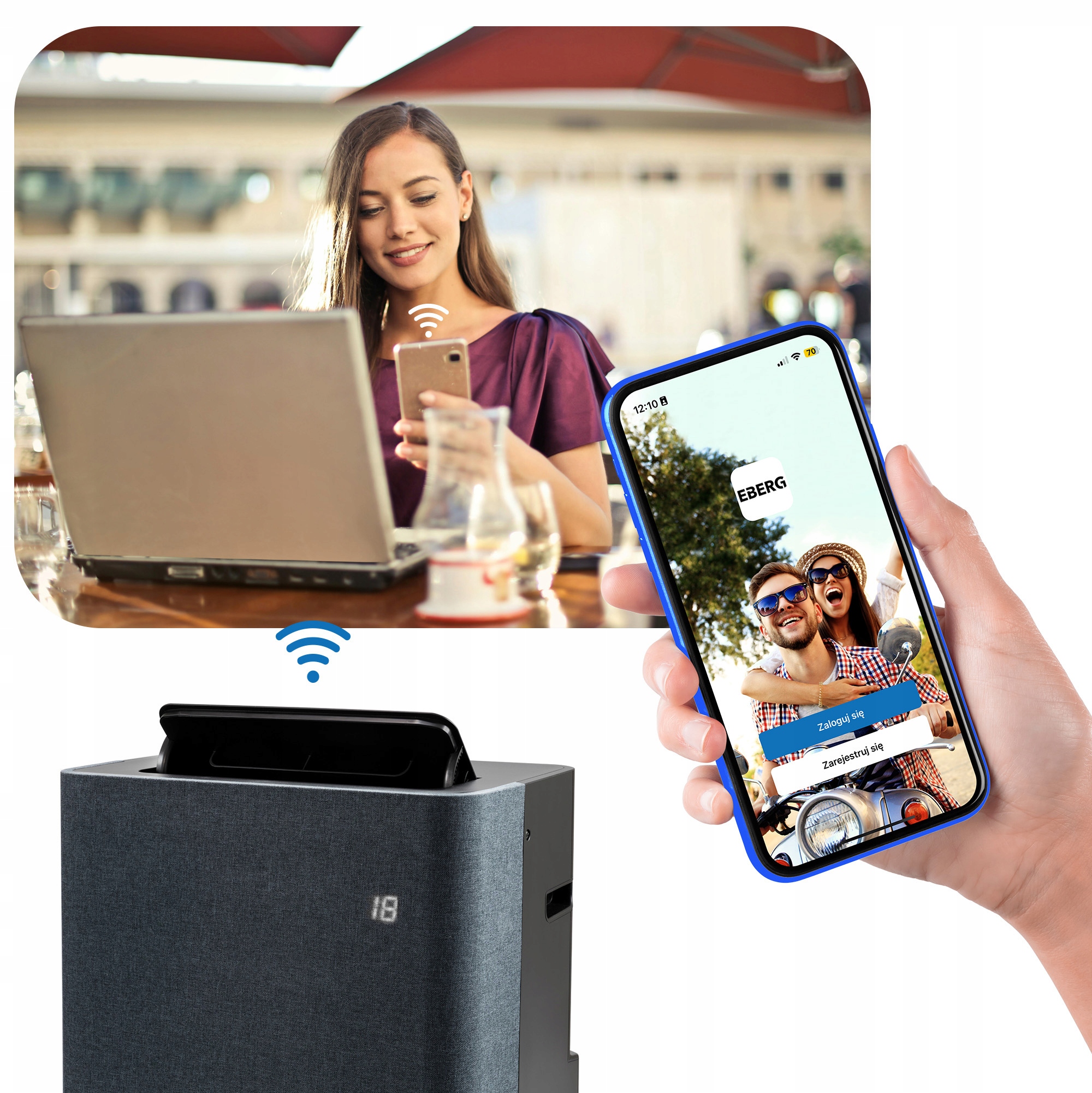 Klimatyzator przenośny EBERG TEXO 3,5kW +WiFi +ClimaLock cichy mocny 2xLED Zakres klas efektywności energetycznej A - G