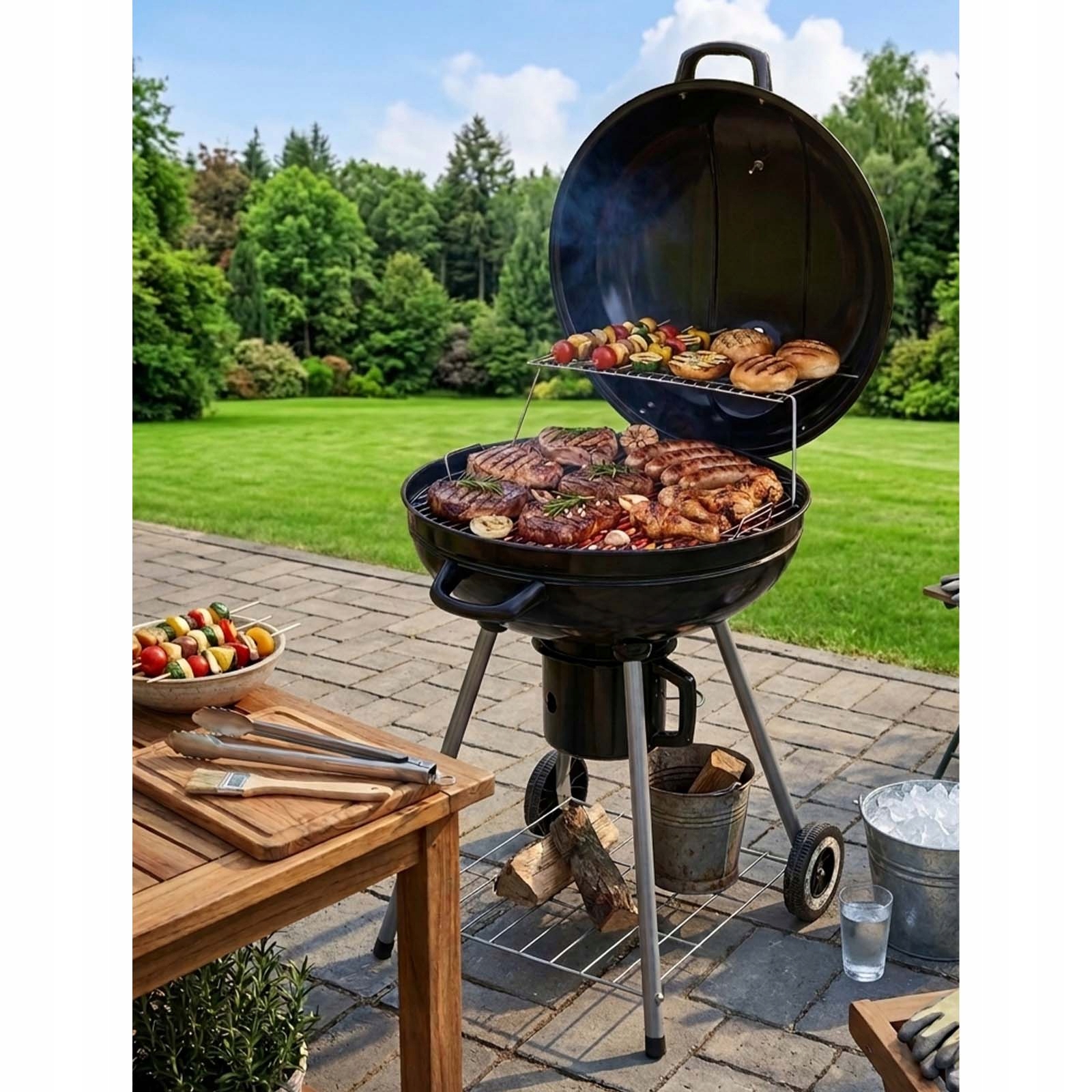 GRILL OGRODOWY WĘGLOWY OKRĄGŁY Z POKRYWĄ Z RUSZTEM TERMOMETR CZARNY LIDO Szerokość grilla 58 cm