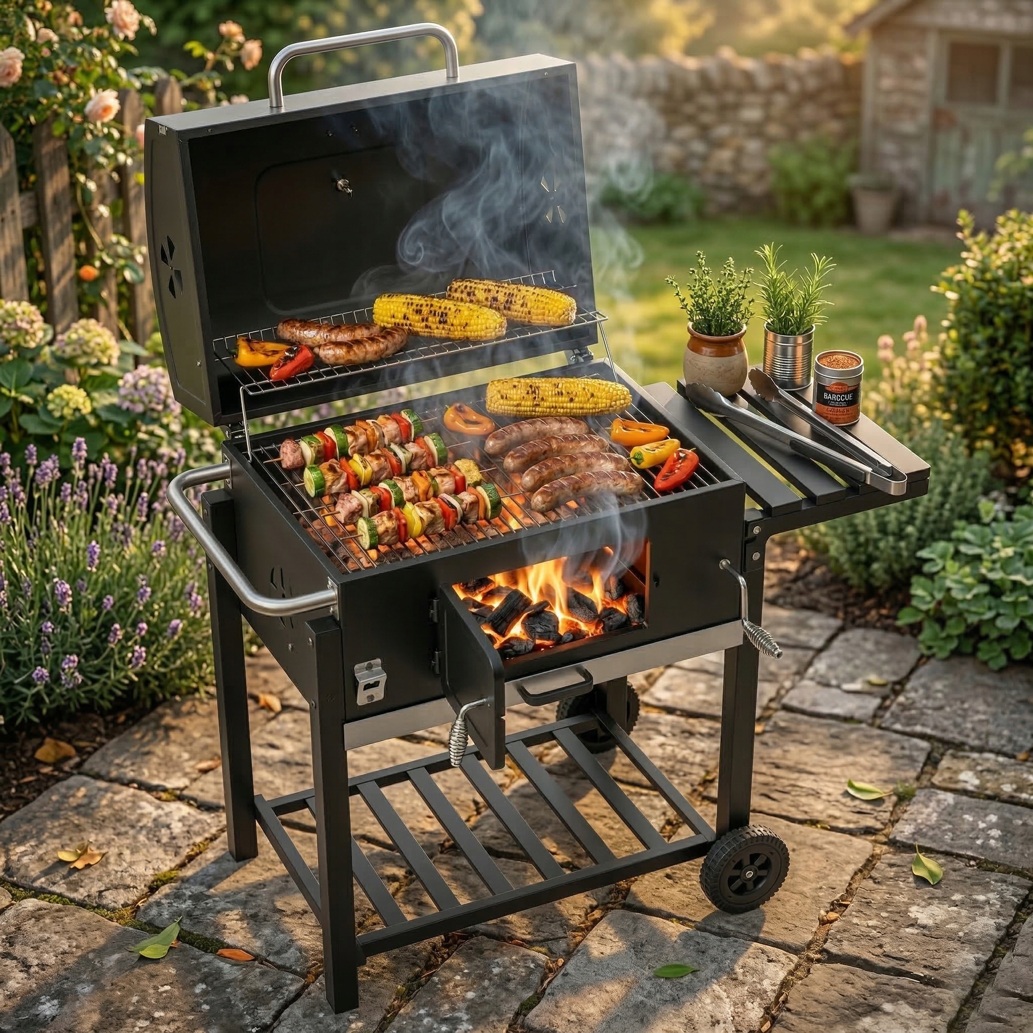 GRILL WĘGLOWY ogrodowy DUŻY XL z pokrywą TERMOMETREM REGULACJĄ RUSZTU Głębokość grilla 56 cm