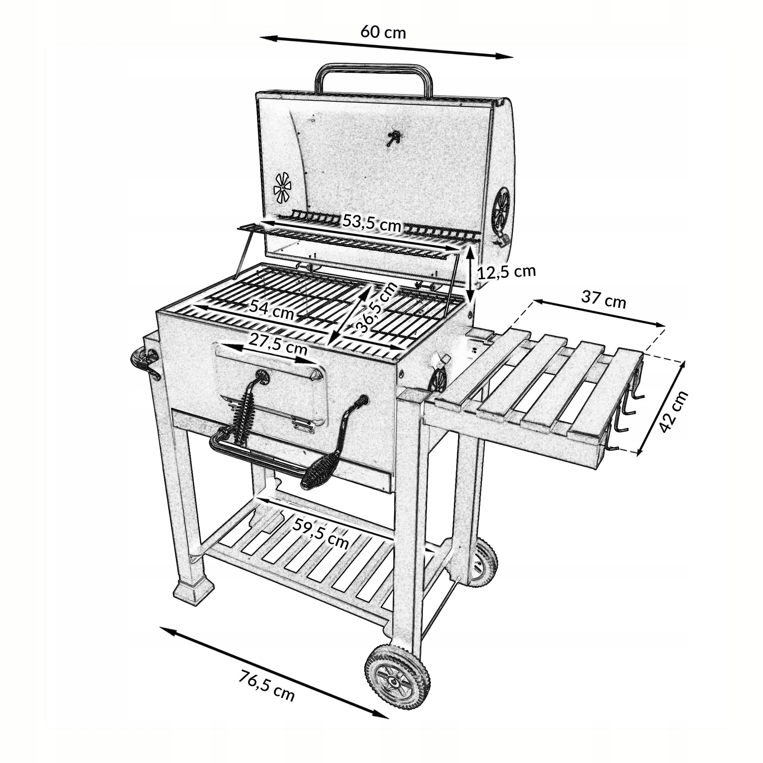 GRILL WĘGLOWY XXL PODWÓJNY RUSZT POKRYWA POPIELNIK TERMOMETR BBQ 1011 Głębokość grilla 68 cm