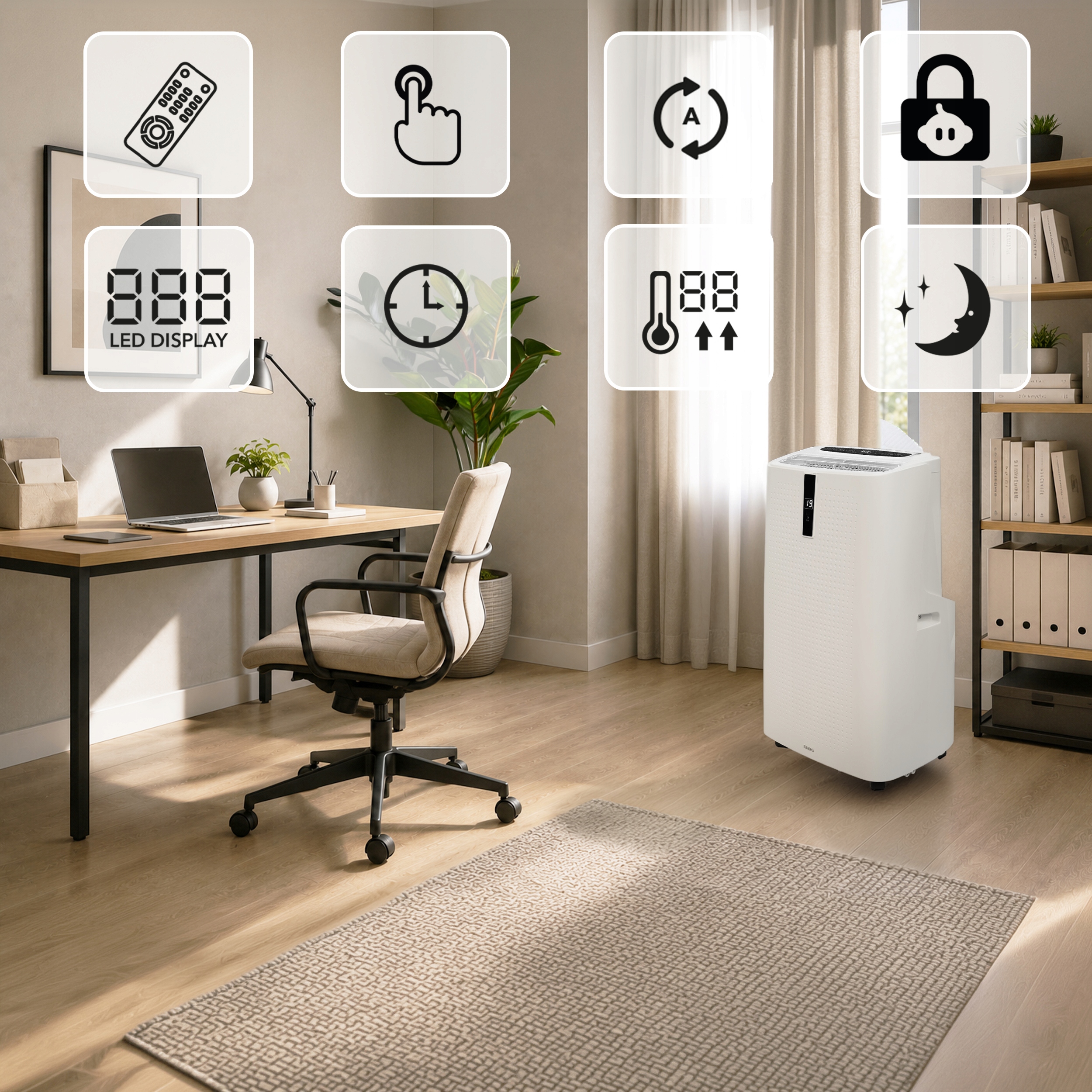 Klimatyzator przenośny EBERG ENVA 3,5kW 3w1 WiFi osuszacz 56l/24h+ClimaLock Funkcje chłodzenie osuszanie wentylacja