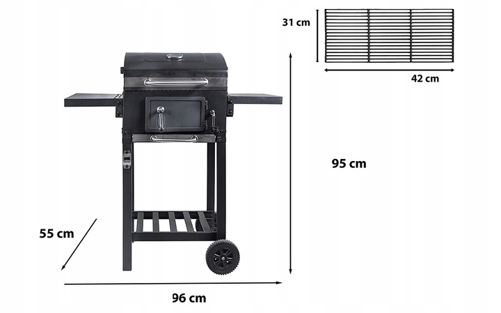 GRILL WĘGLOWY BBQ OGRODOWY POKRYWA POPIELNIK KORBA Długość rusztu 42 cm