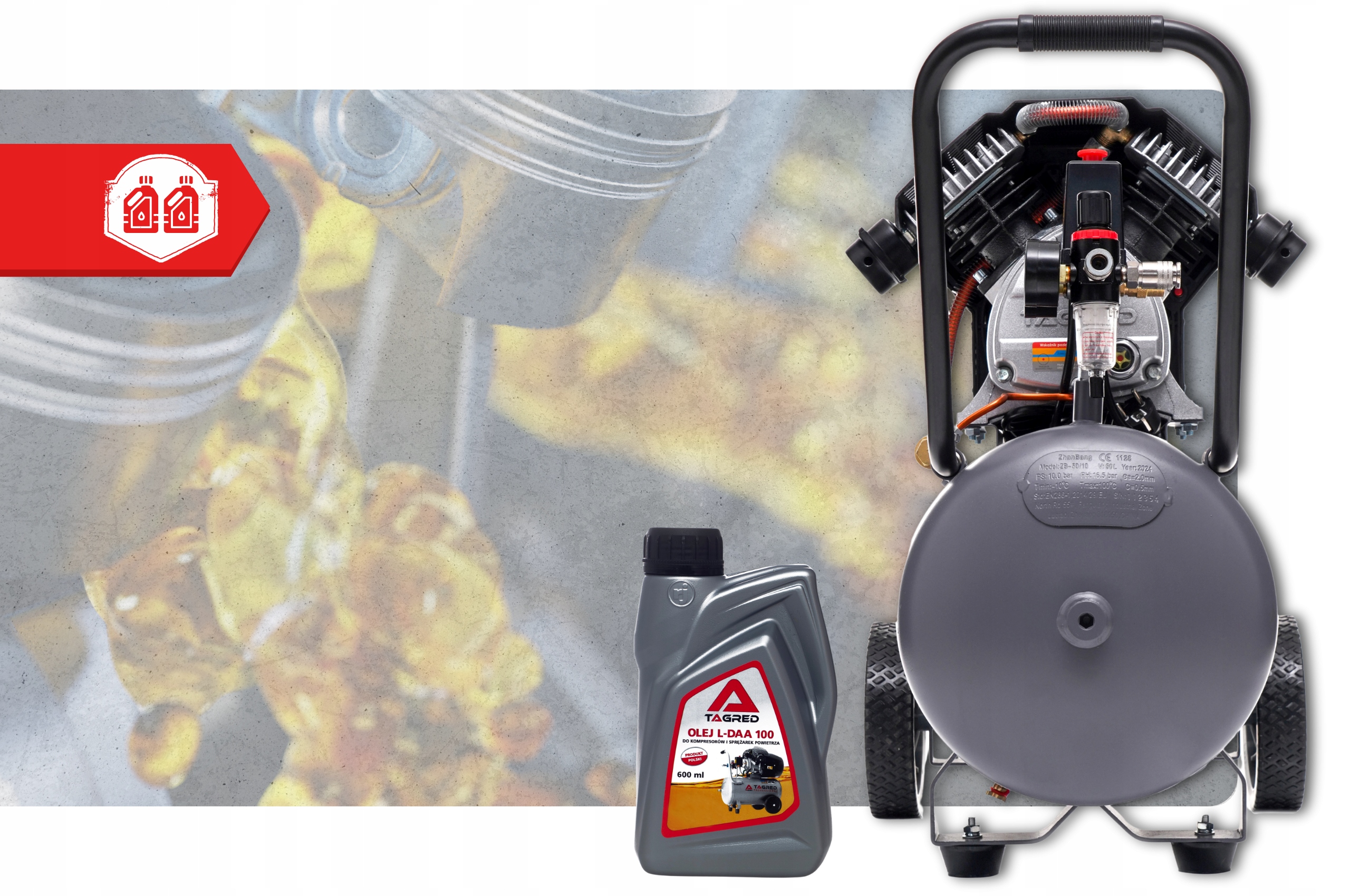 Kompresor sprężarka 50L V2 10bar Pro-Line Wzmocniony Wydajny Mocny + Olej Waga urządzenia 40 kg