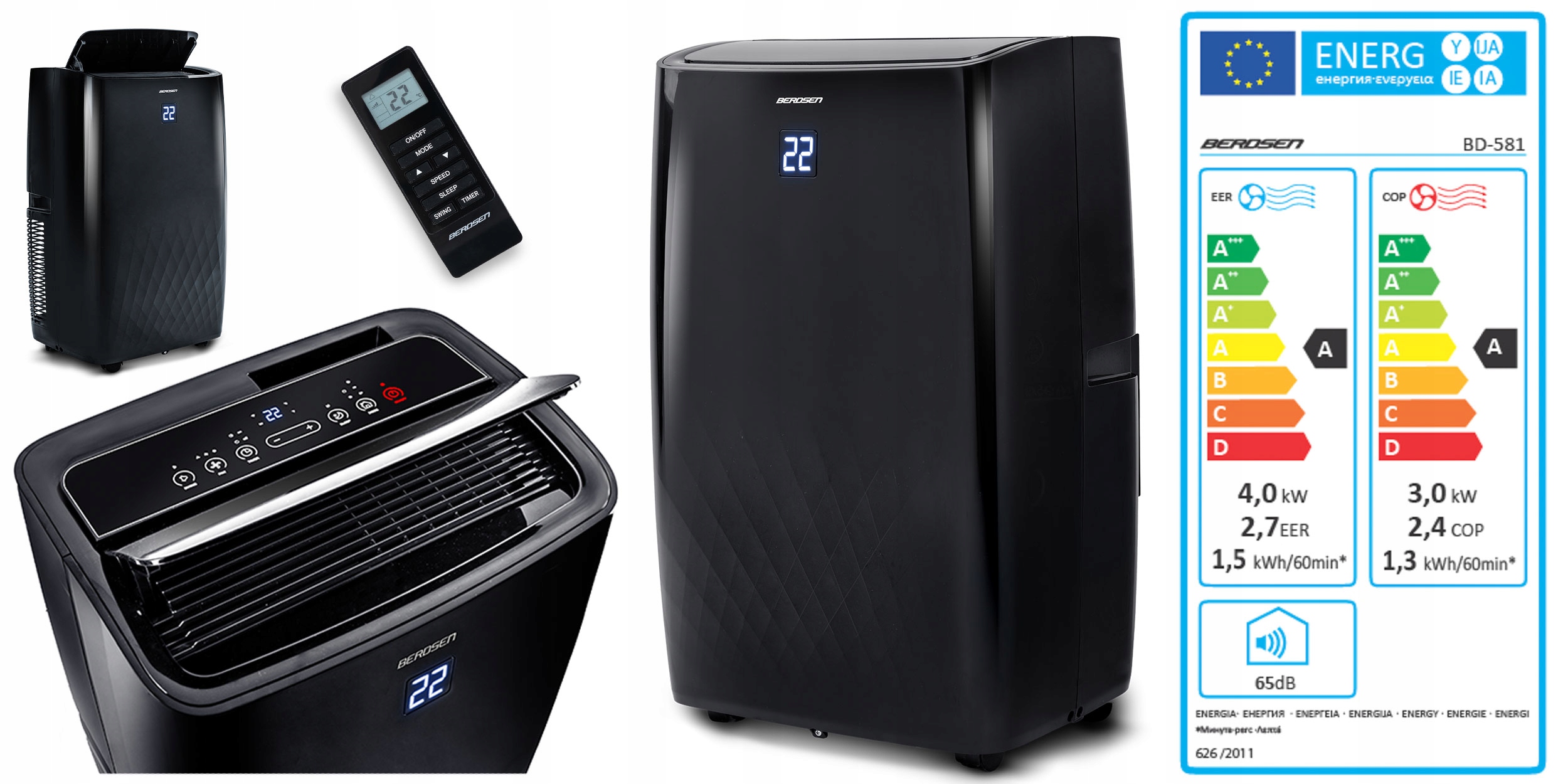 KLIMATYZATOR PRZENOŚNY Berdsen Z FUNKCJĄ GRZANIA 4kW OSUSZACZ 36l/24h WiFi Przepływ powietrza 400 m³/h
