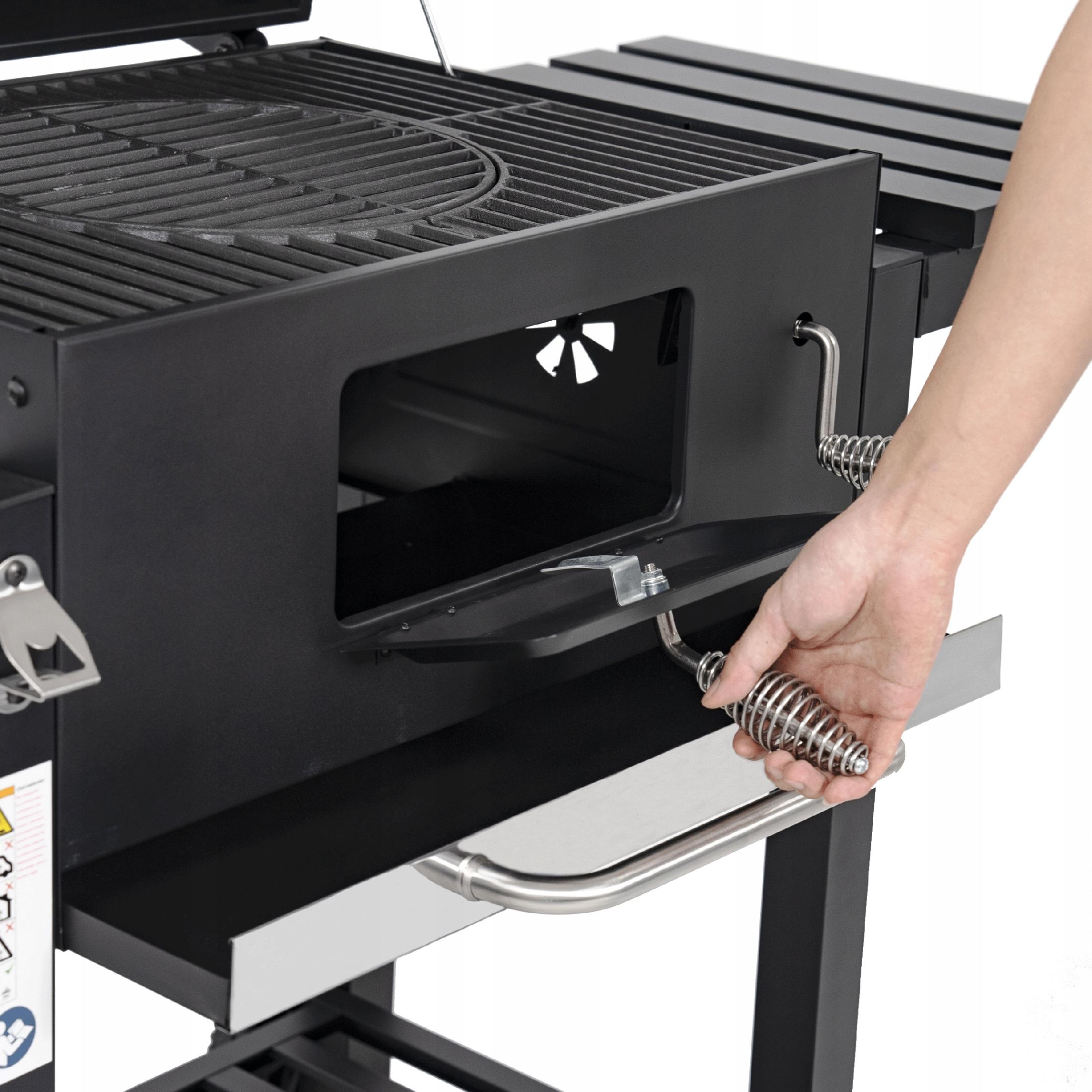 Grill Węglowy Ogrodowy Żeliwny Ruszt Duży Pokrywa Popielnik Termometr 136CM Cechy dodatkowe kółka pokrywa półka popielnik regulacja rusztu system regulacji temperatury termometr