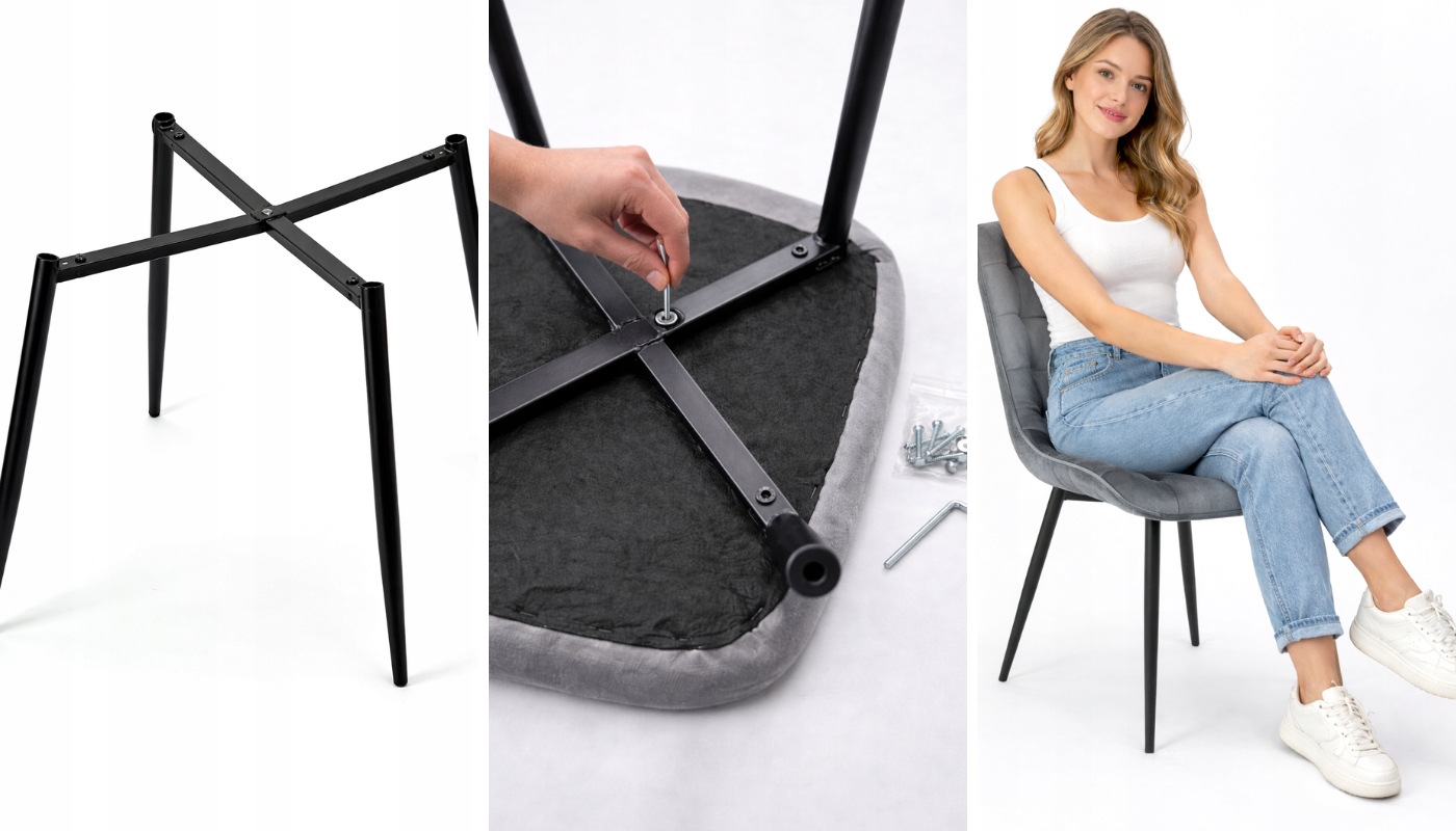 8x Krzesło Tapicerowane Solidne Welurowe Szare Krzesła do Jadalni Zestaw Głębokość siedziska 42 cm